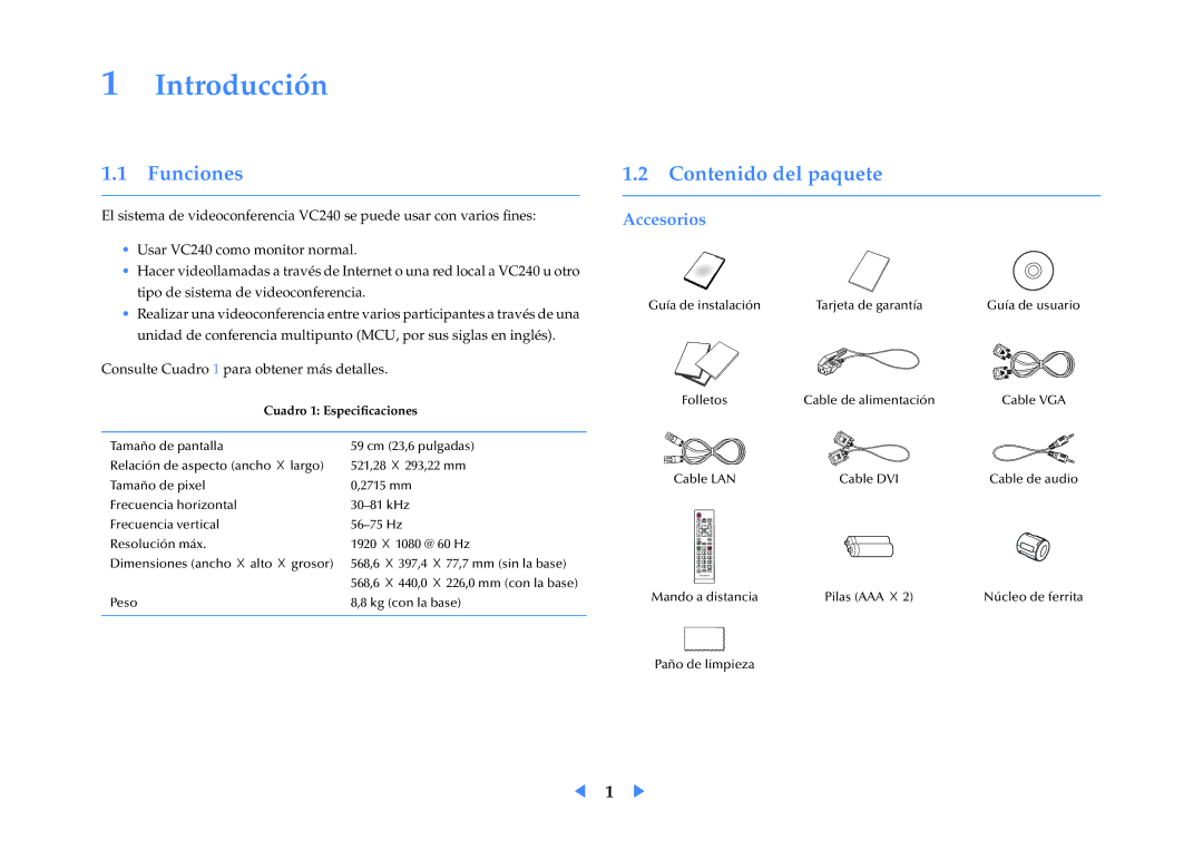 Samsung LF24VPNLB/EN manual Introducción, Funciones, Contenido del paquete, Accesorios 