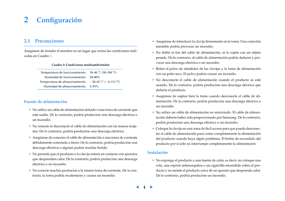 Samsung LF24VPNLB/EN manual Conﬁguración, Precauciones, Fuente de alimentación, Instalación 