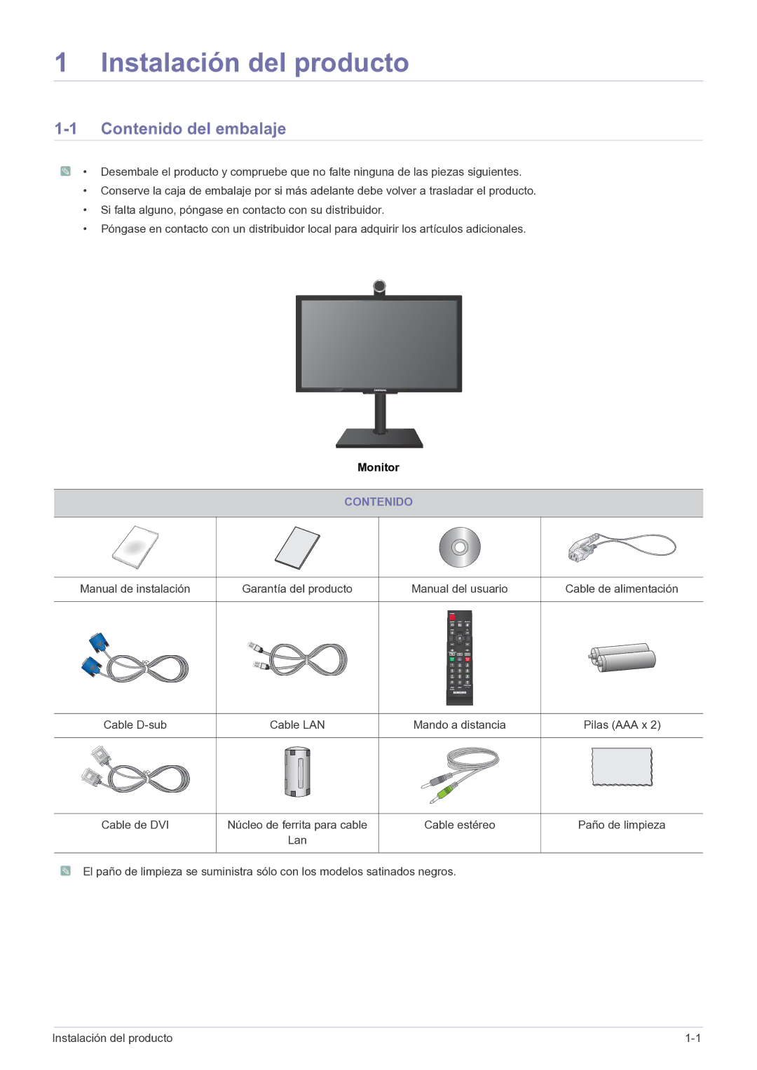 Samsung LF24VPNLB/EN manual Contenido del embalaje 