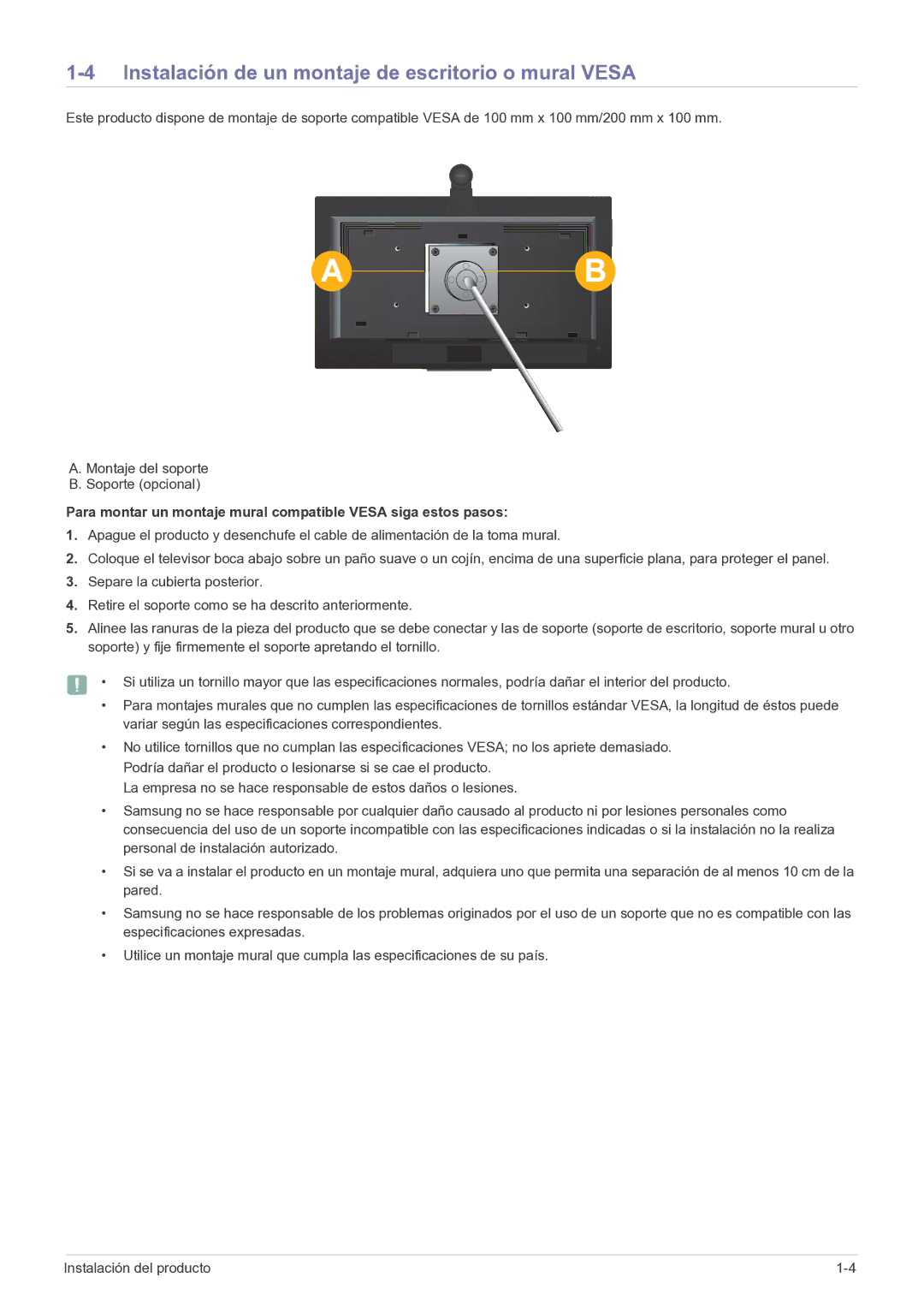 Samsung LF24VPNLB/EN manual Instalación de un montaje de escritorio o mural Vesa 