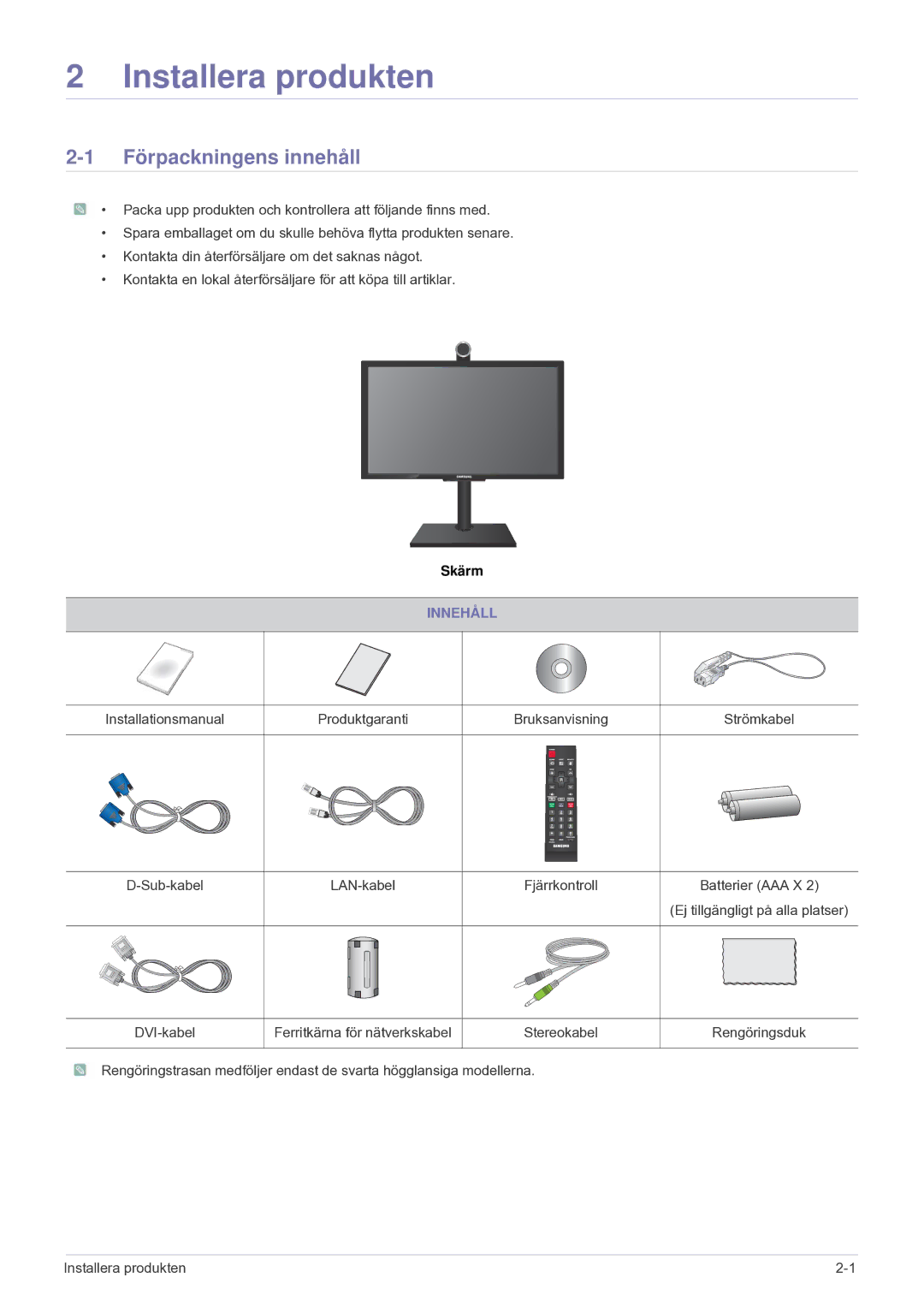 Samsung LF24VPNLB/EN manual Förpackningens innehåll, Innehåll 