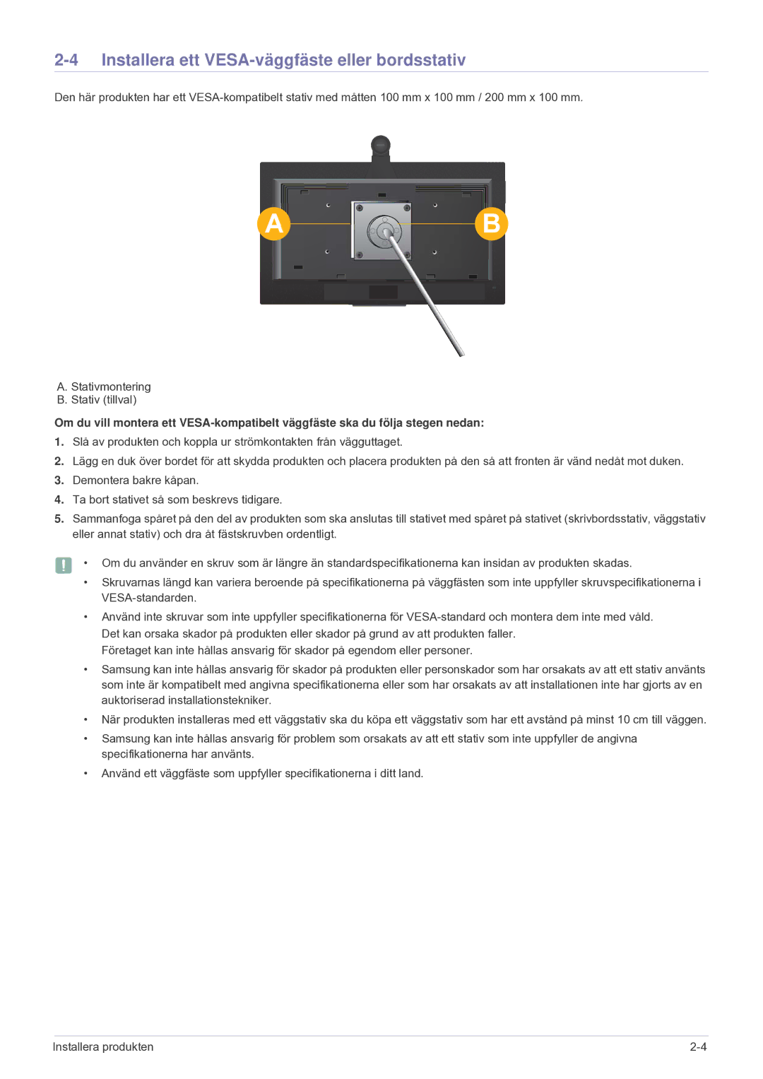 Samsung LF24VPNLB/EN manual Installera ett VESA-väggfäste eller bordsstativ 