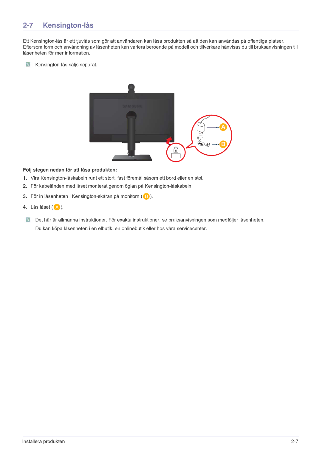 Samsung LF24VPNLB/EN manual Kensington-lås, Följ stegen nedan för att låsa produkten 