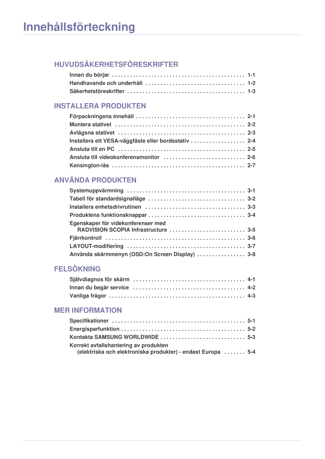 Samsung LF24VPNLB/EN manual Innehållsförteckning 