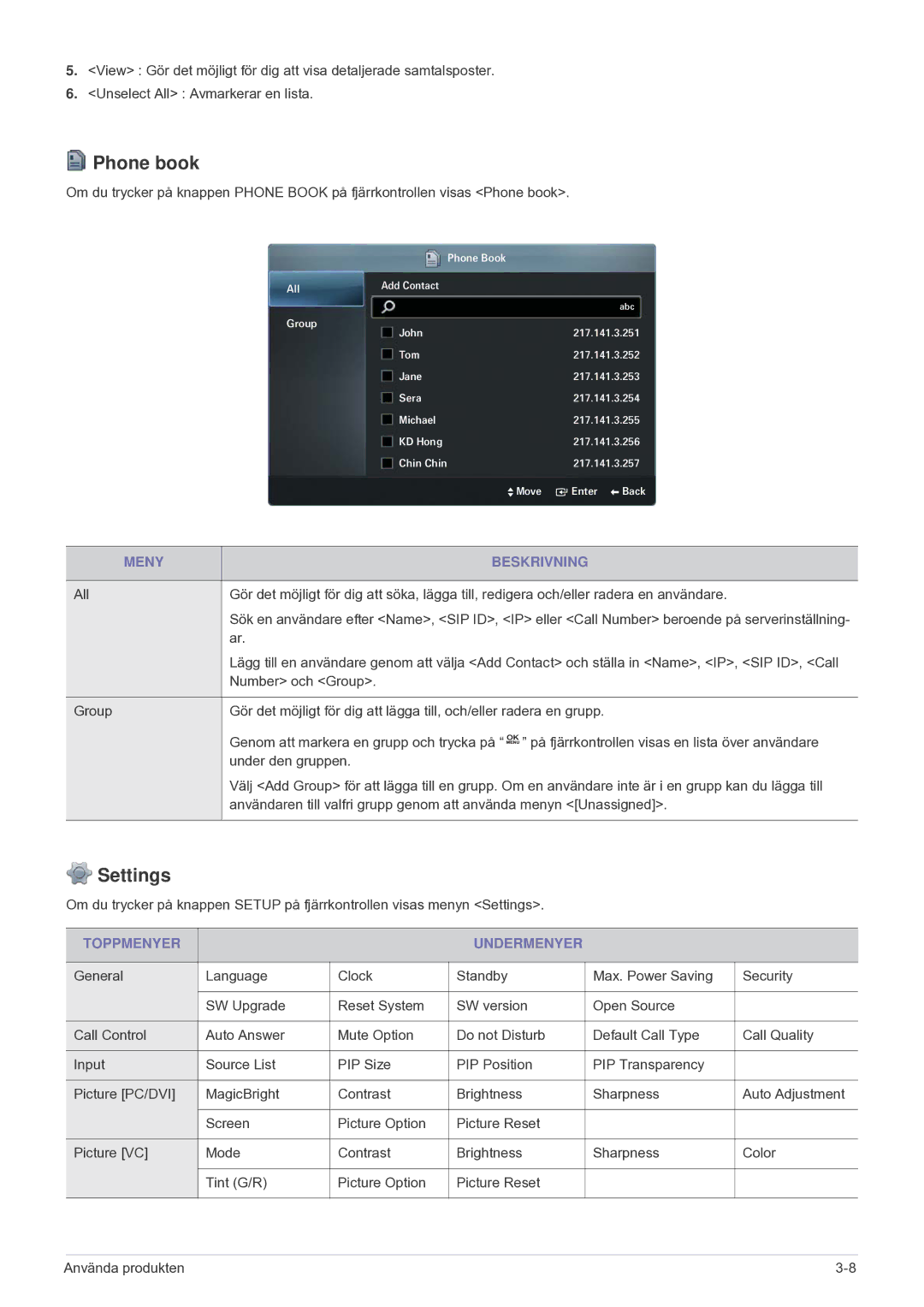 Samsung LF24VPNLB/EN manual Phone book, Settings, Meny Beskrivning, Toppmenyer Undermenyer 