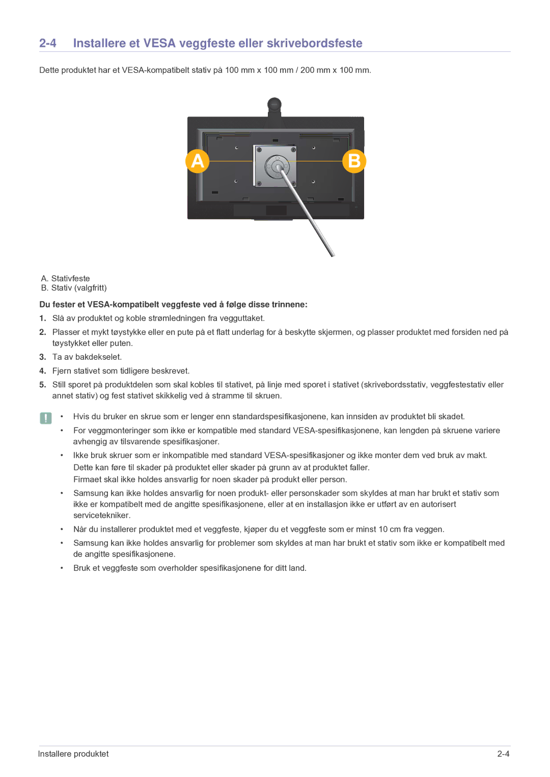 Samsung LF24VPNLB/EN manual Installere et Vesa veggfeste eller skrivebordsfeste 