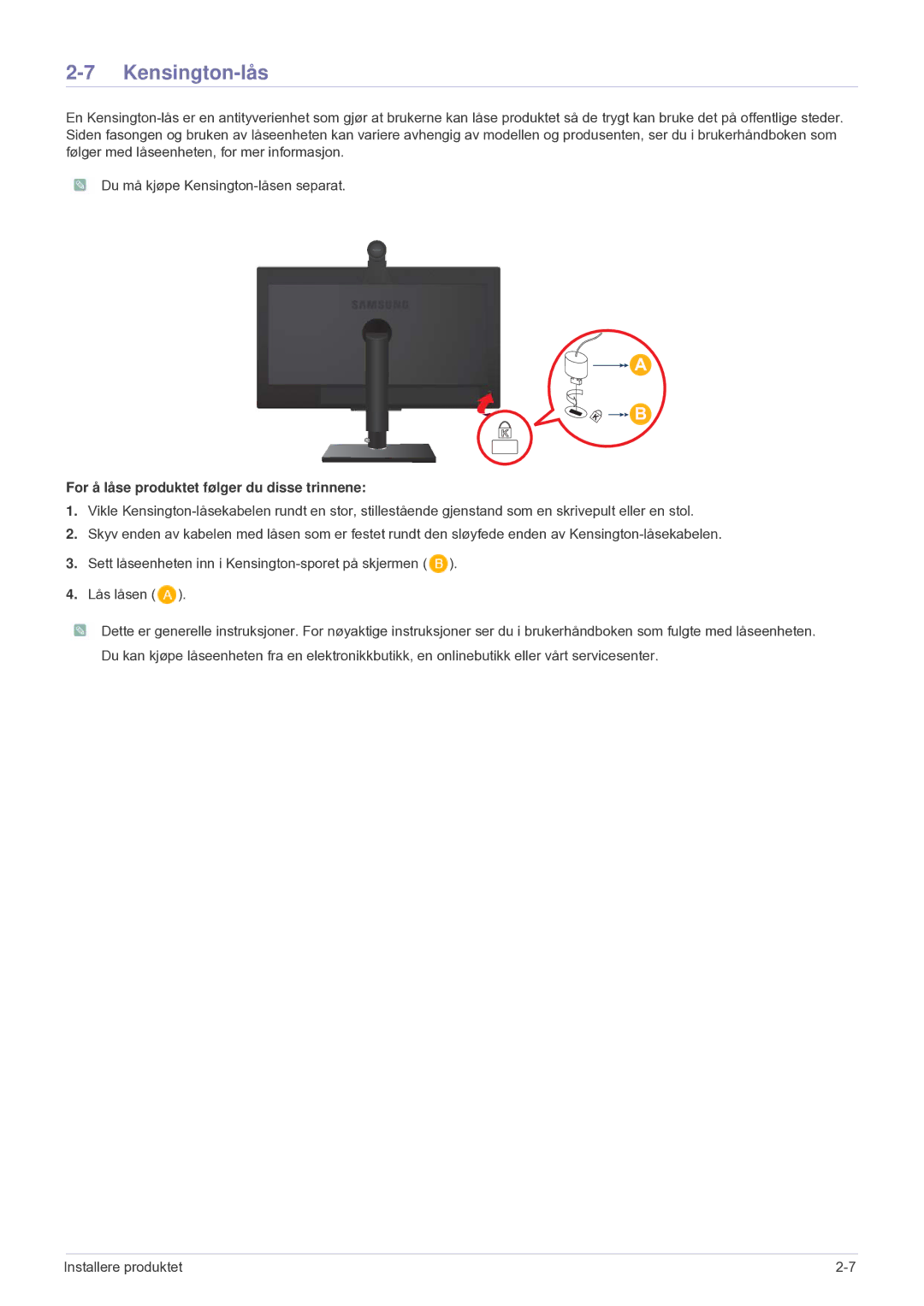 Samsung LF24VPNLB/EN manual Kensington-lås, For å låse produktet følger du disse trinnene 