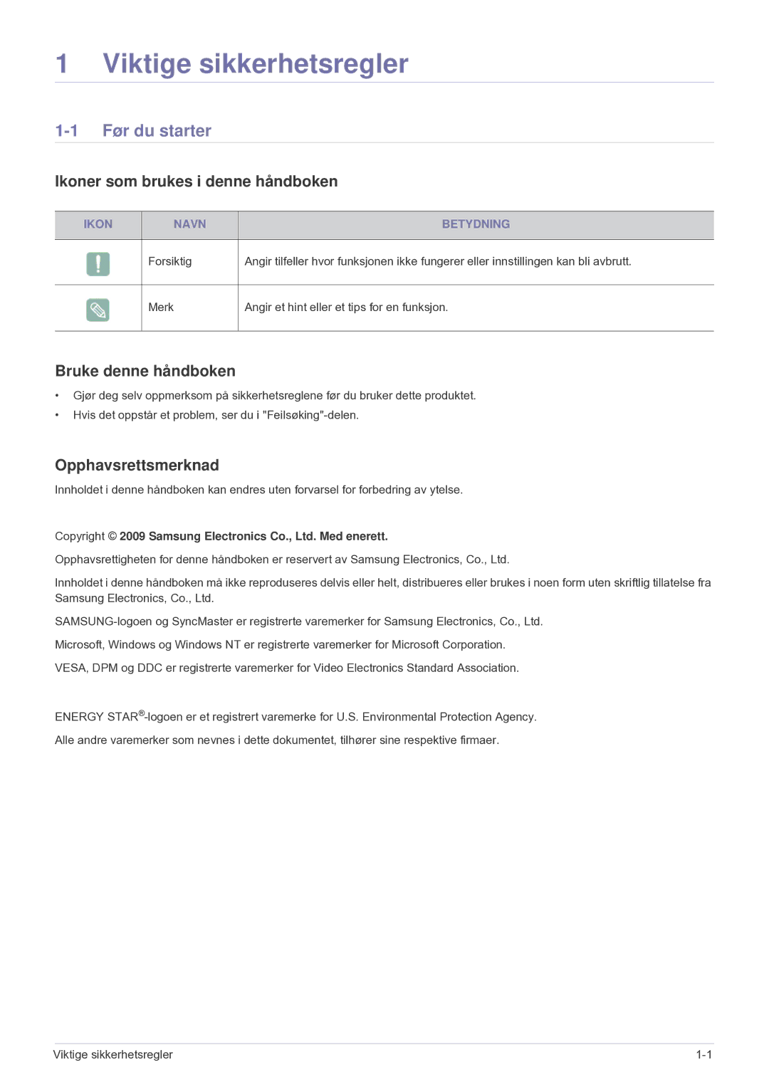Samsung LF24VPNLB/EN manual Før du starter, Ikoner som brukes i denne håndboken, Bruke denne håndboken, Opphavsrettsmerknad 