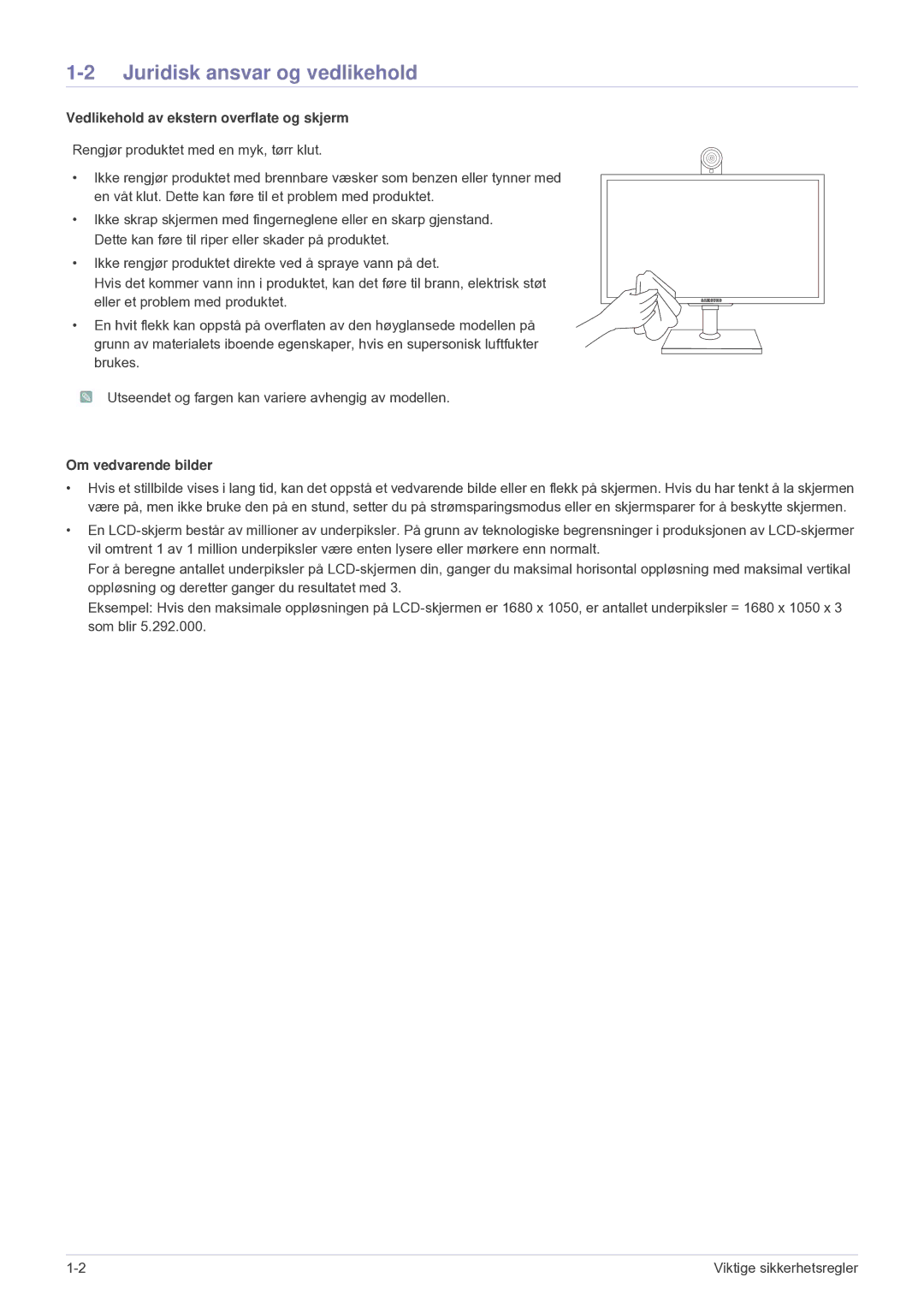 Samsung LF24VPNLB/EN Juridisk ansvar og vedlikehold, Vedlikehold av ekstern overflate og skjerm, Om vedvarende bilder 