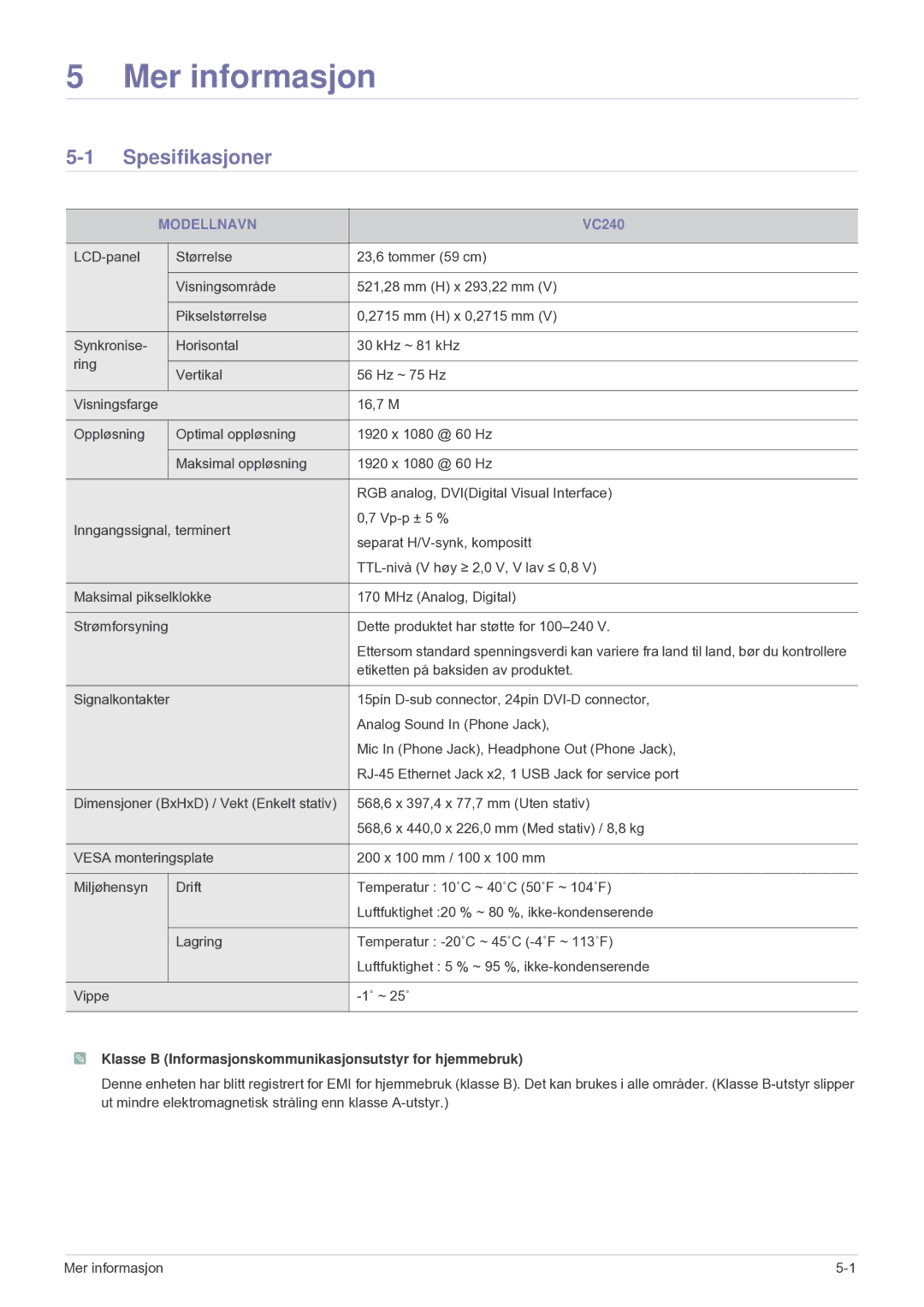 Samsung LF24VPNLB/EN manual Spesifikasjoner, Modellnavn, Klasse B Informasjonskommunikasjonsutstyr for hjemmebruk 