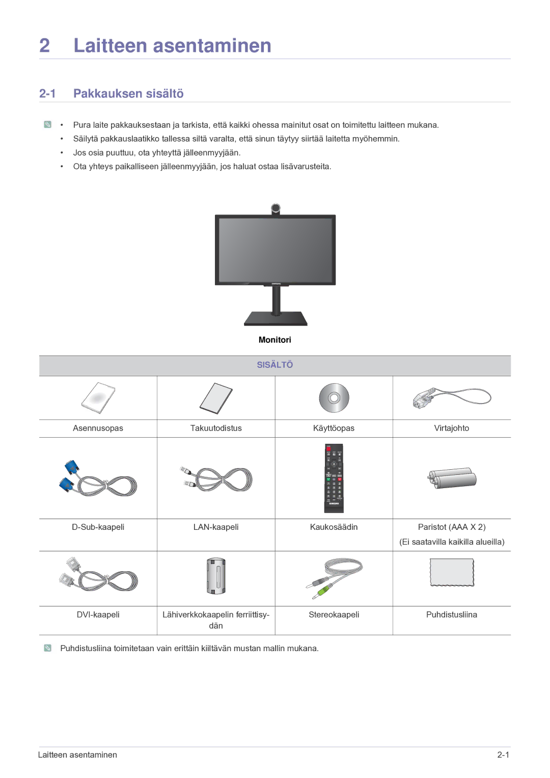 Samsung LF24VPNLB/EN manual Pakkauksen sisältö, Monitori, Sisältö 