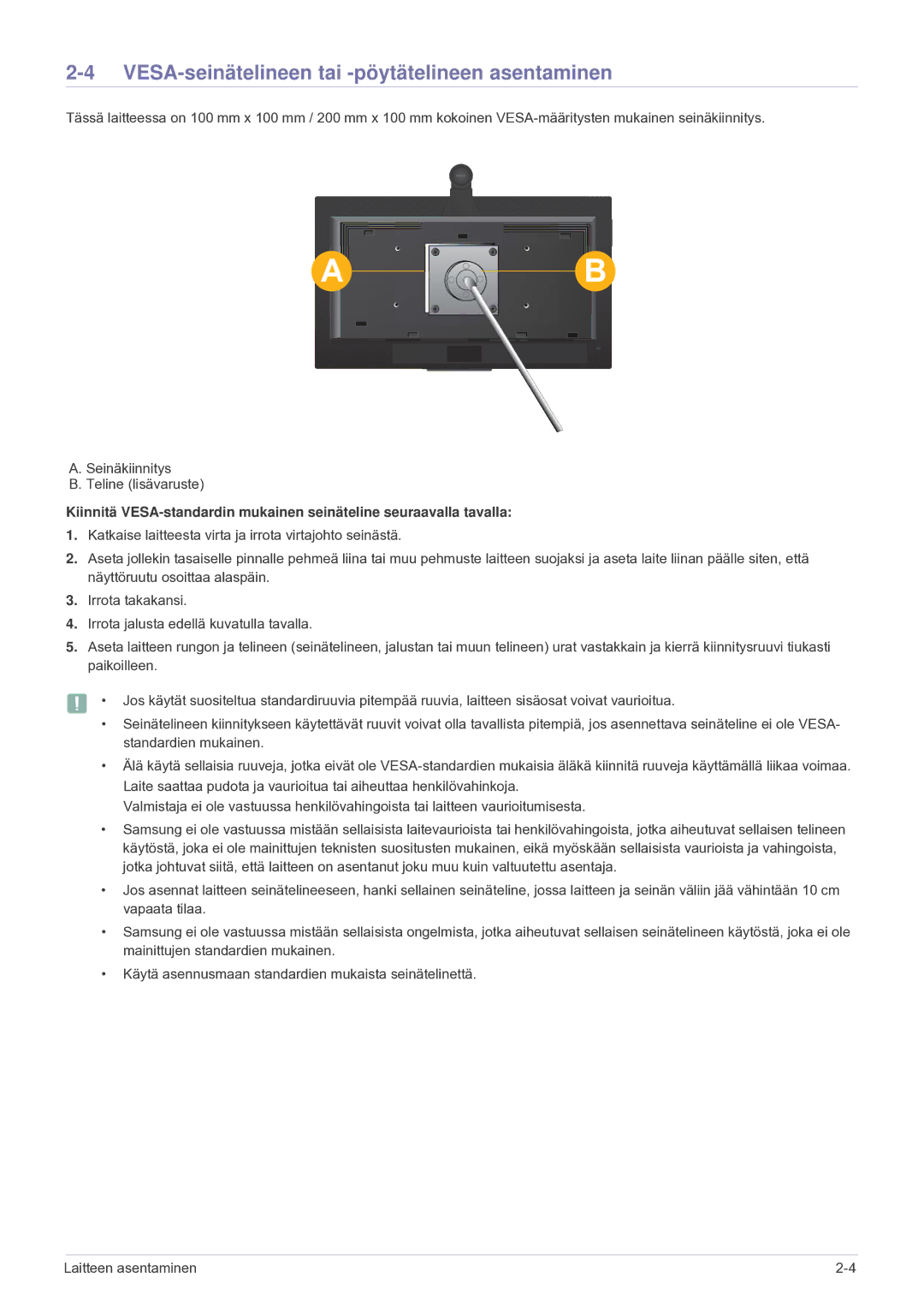 Samsung LF24VPNLB/EN manual VESA-seinätelineen tai -pöytätelineen asentaminen 