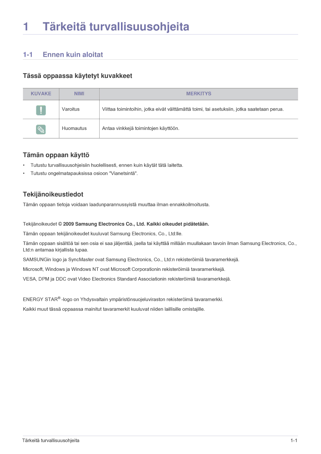 Samsung LF24VPNLB/EN manual Ennen kuin aloitat, Tässä oppaassa käytetyt kuvakkeet, Tämän oppaan käyttö, Tekijänoikeustiedot 