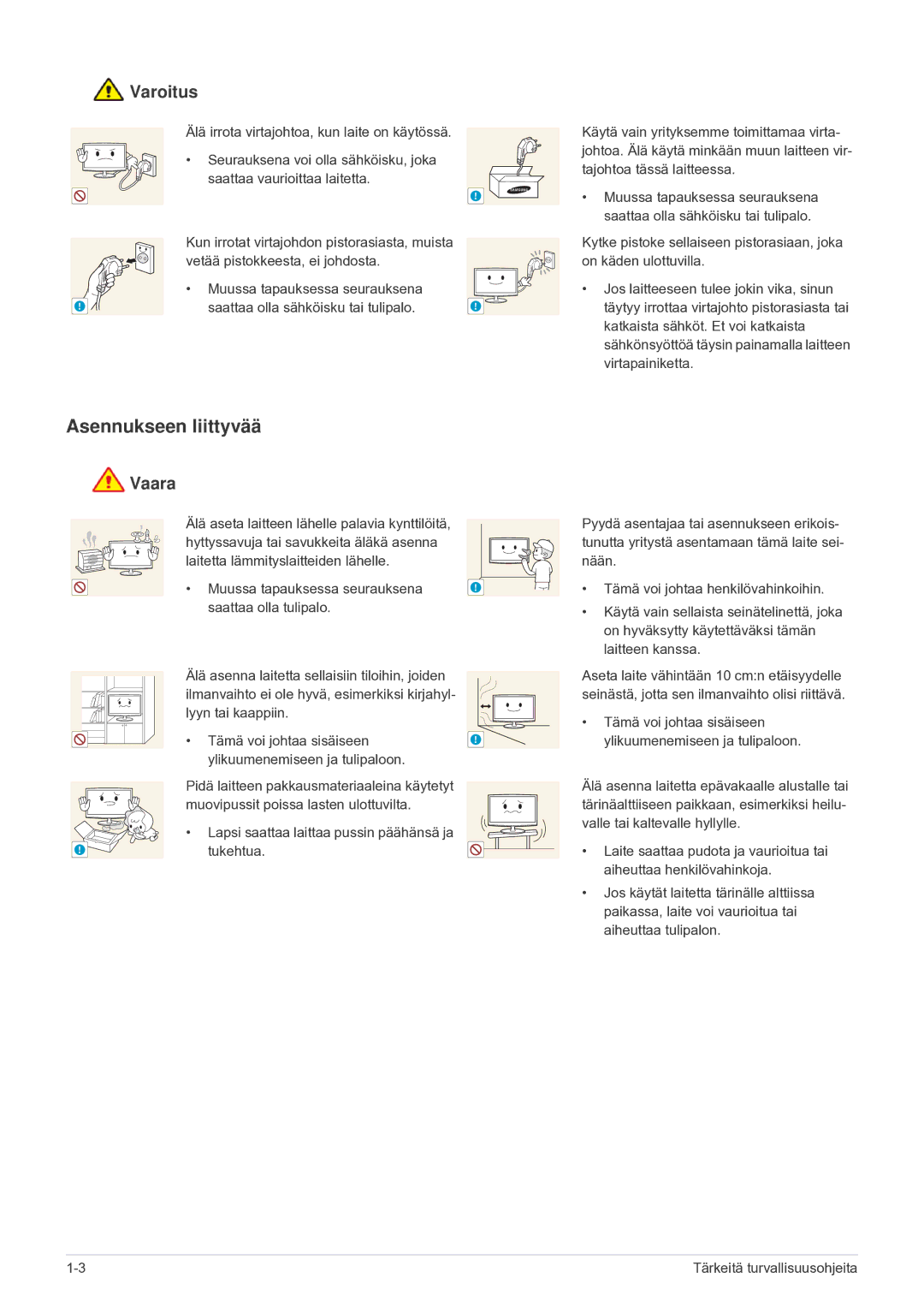 Samsung LF24VPNLB/EN manual Asennukseen liittyvää, Varoitus 