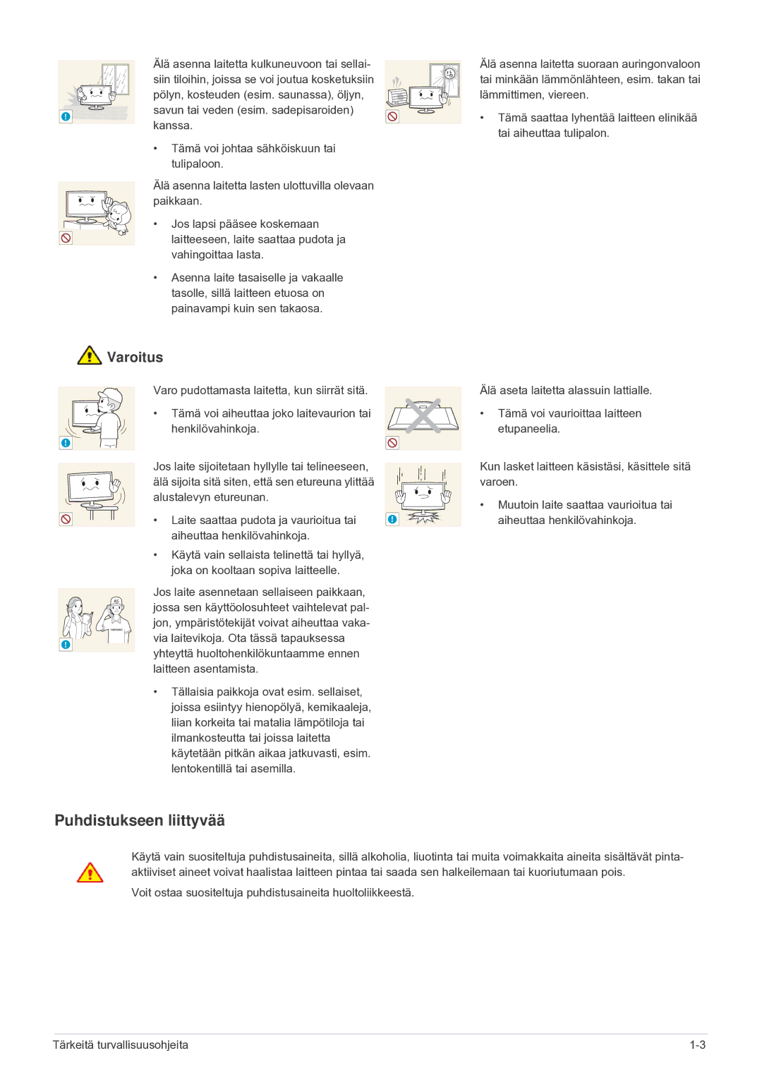 Samsung LF24VPNLB/EN manual Puhdistukseen liittyvää, Laitteen asentamista 