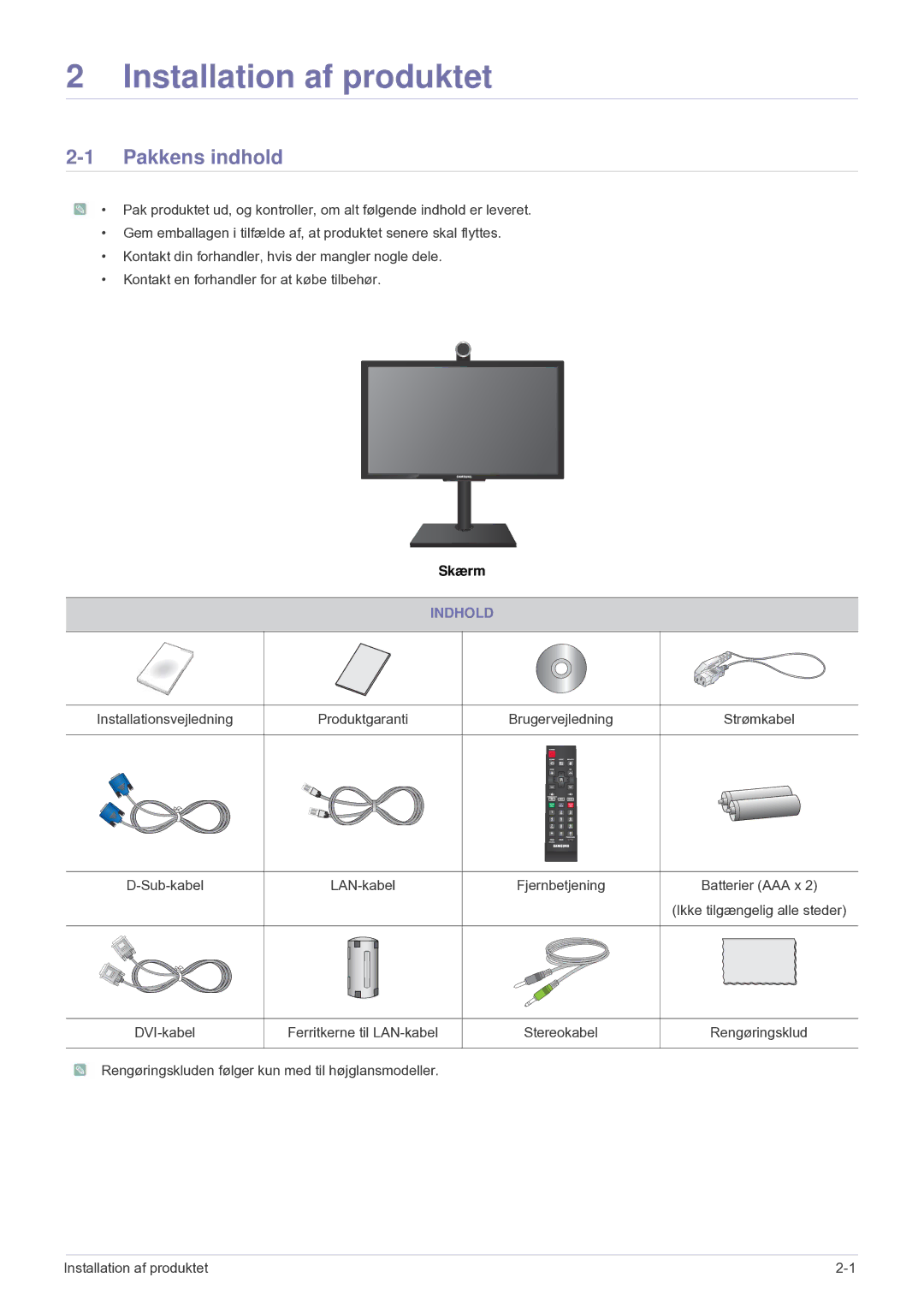 Samsung LF24VPNLB/EN manual Pakkens indhold, Indhold 