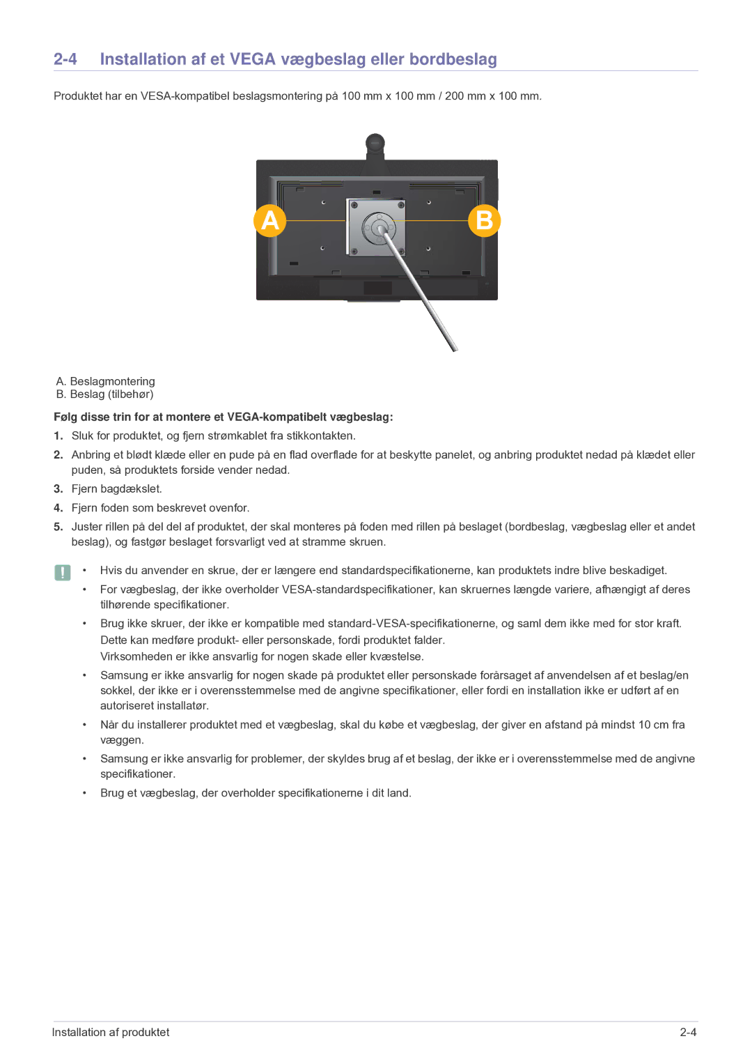 Samsung LF24VPNLB/EN manual Installation af et Vega vægbeslag eller bordbeslag 