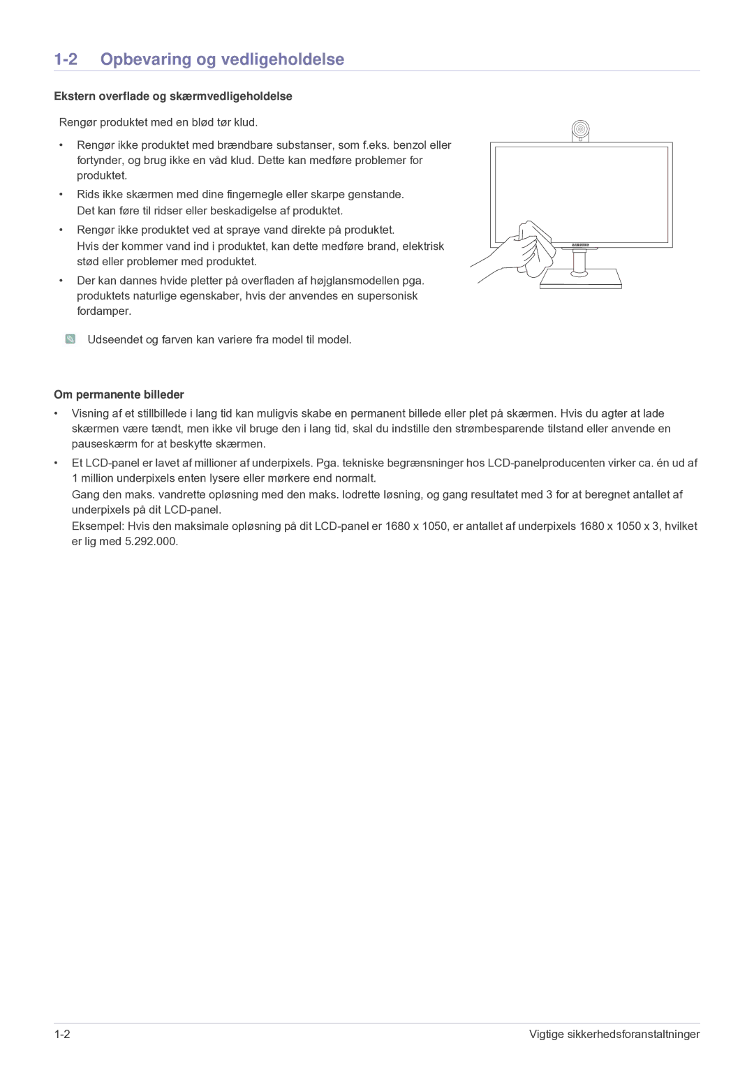 Samsung LF24VPNLB/EN Opbevaring og vedligeholdelse, Ekstern overflade og skærmvedligeholdelse, Om permanente billeder 