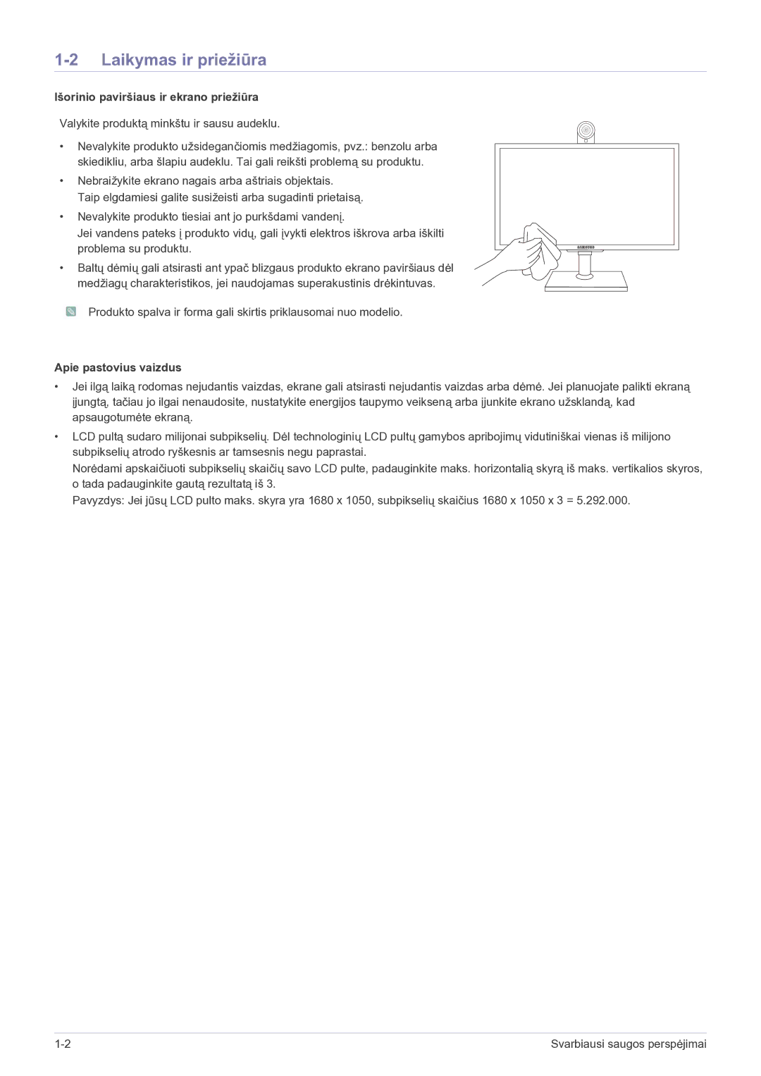 Samsung LF24VPNLB/EN manual Laikymas ir priežiūra, Išorinio paviršiaus ir ekrano priežiūra 