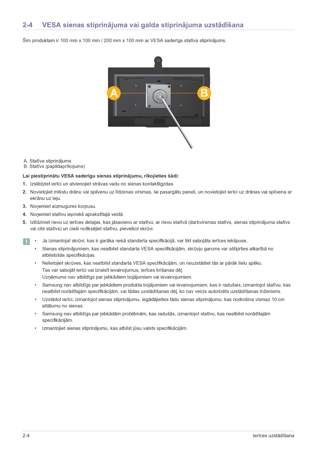 Samsung LF24VPNLB/EN manual Vesa sienas stiprinājuma vai galda stiprinājuma uzstādīšana 