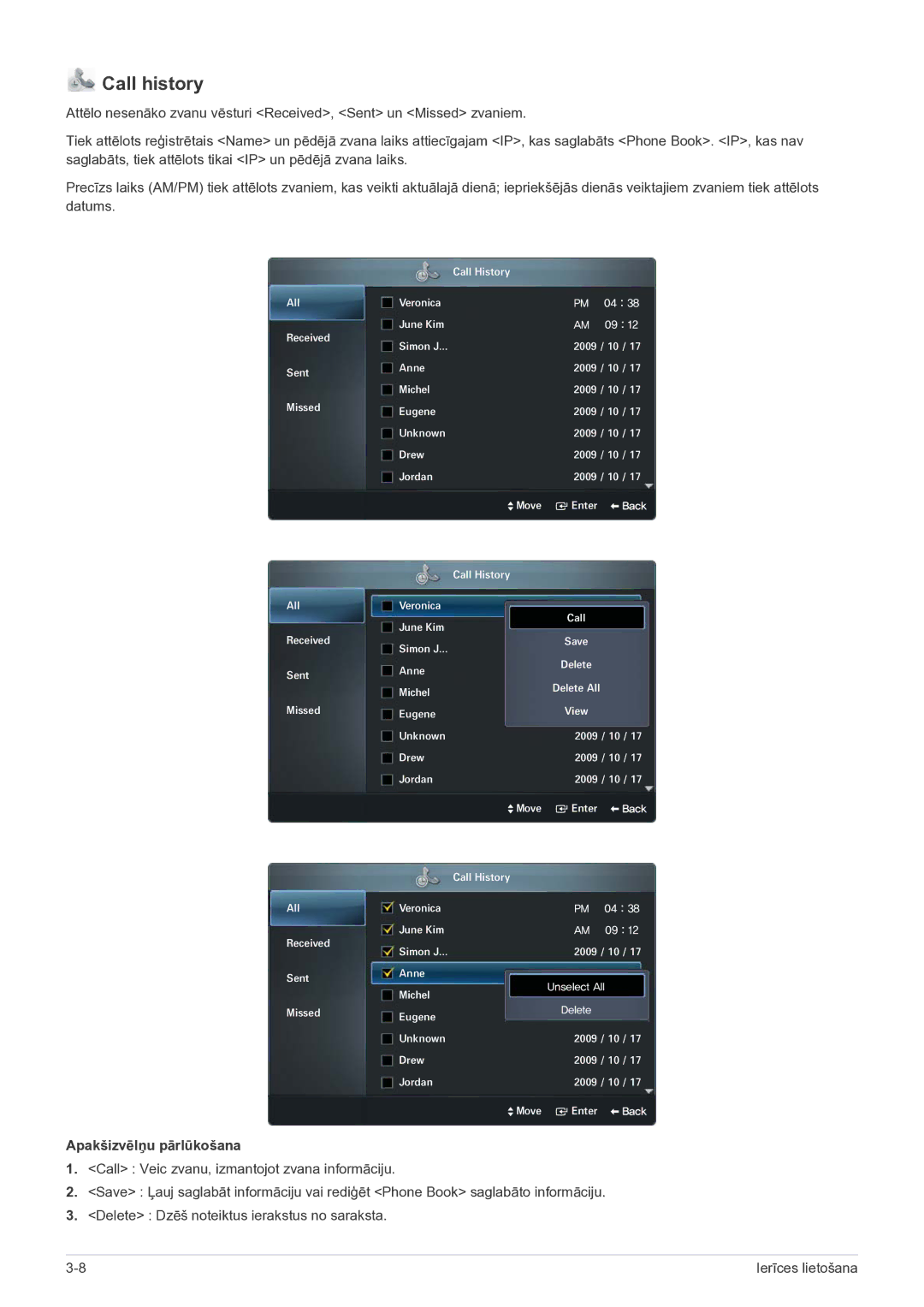 Samsung LF24VPNLB/EN manual Call history, Apakšizvēlņu pārlūkošana 