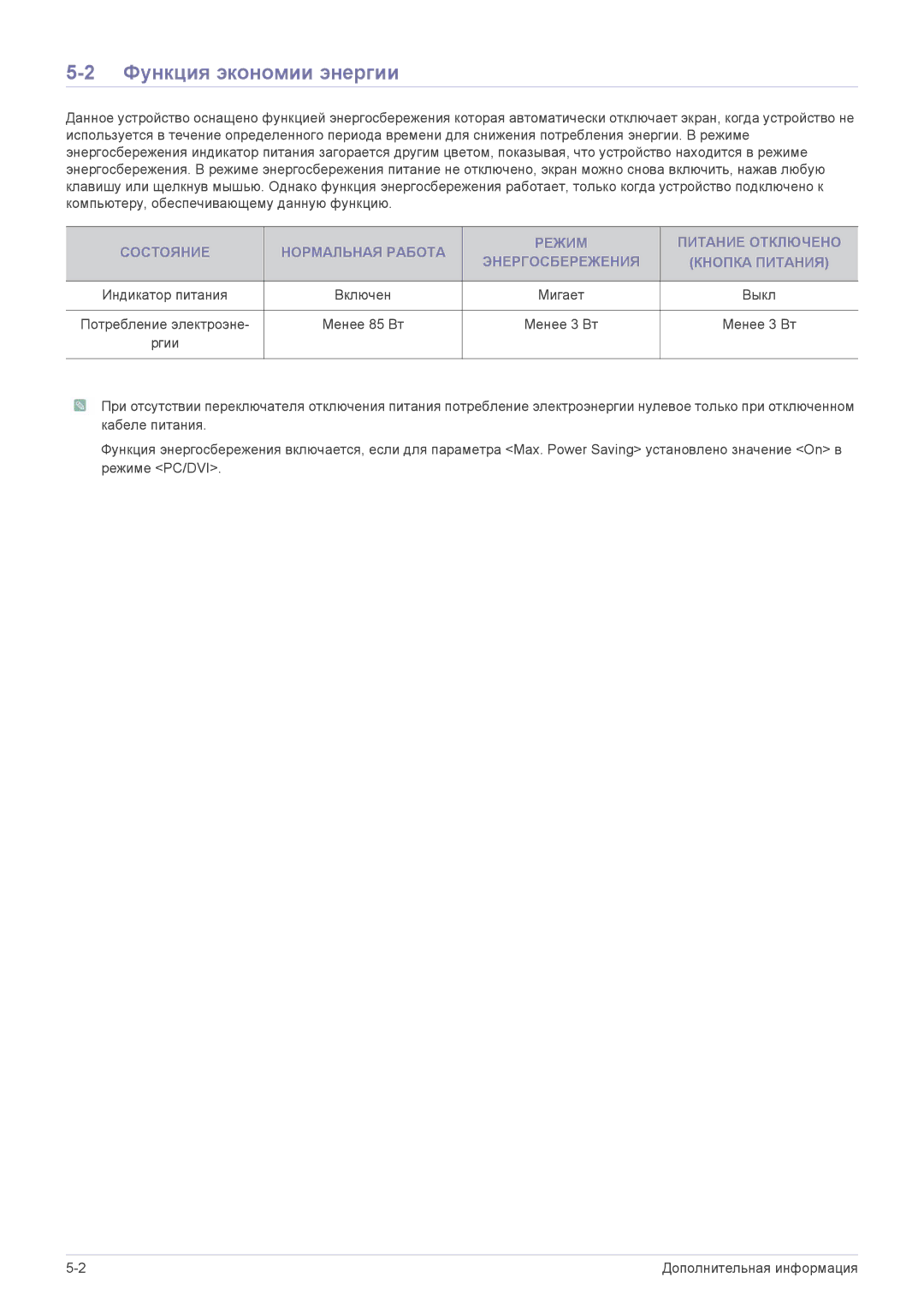 Samsung LF24VPNLB/EN manual Функция экономии энергии, Мигает, Менее 85 Вт Менее 3 Вт Ргии 