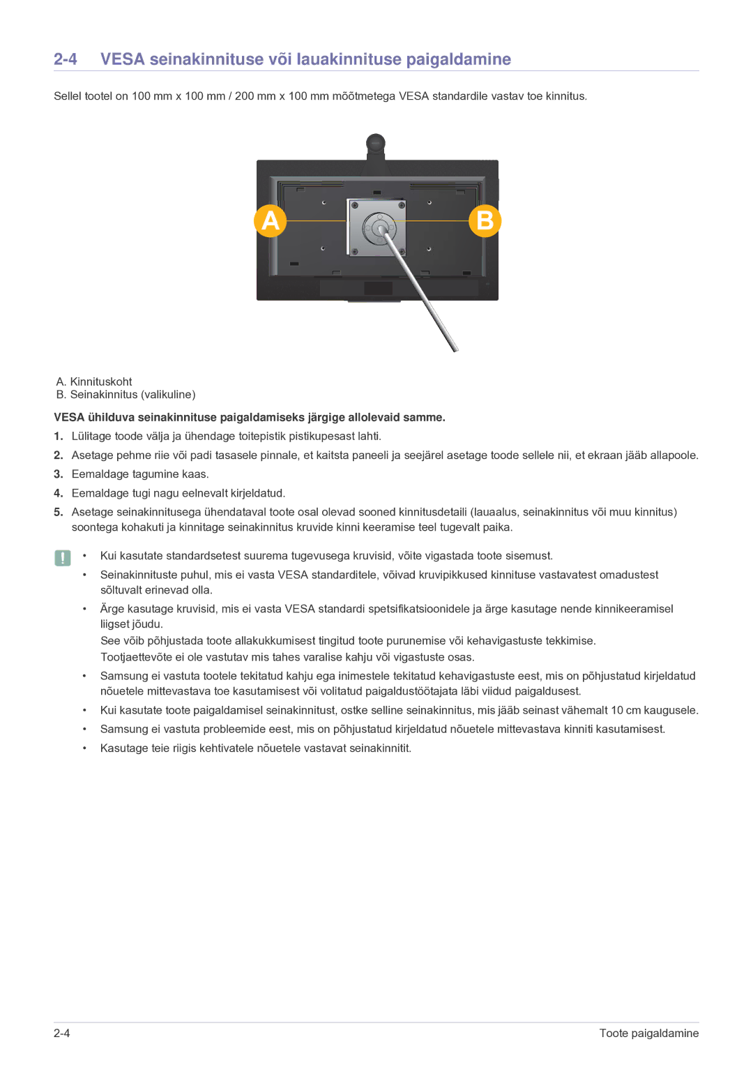 Samsung LF24VPNLB/EN manual Vesa seinakinnituse või lauakinnituse paigaldamine 