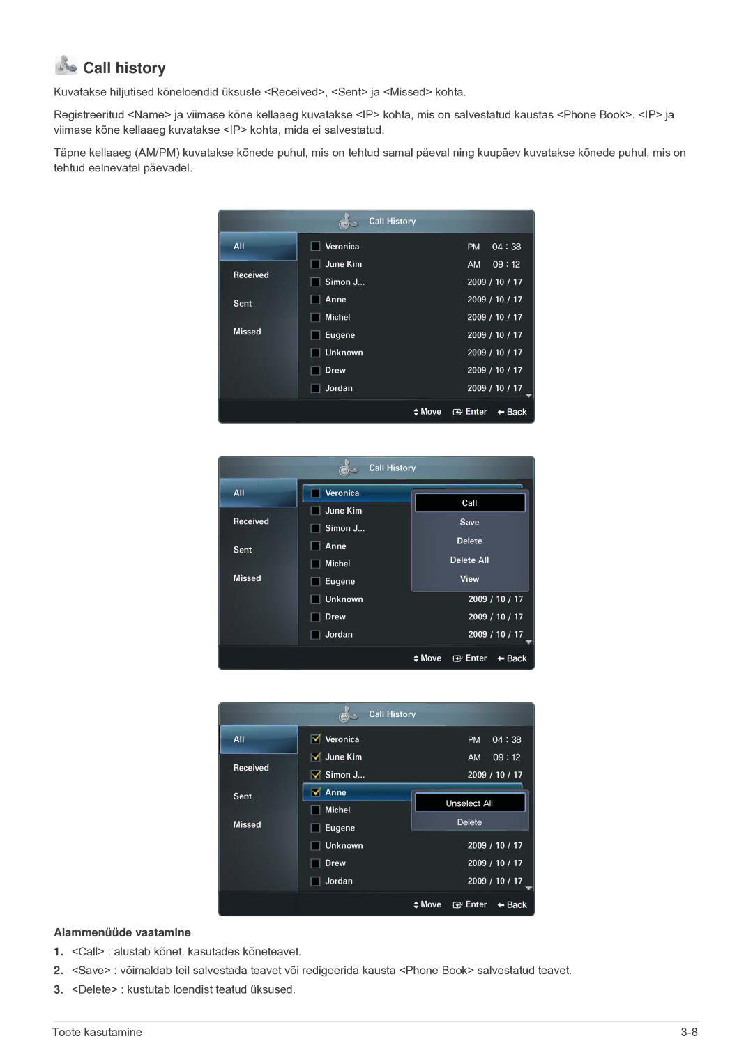 Samsung LF24VPNLB/EN manual Call history, Alammenüüde vaatamine 