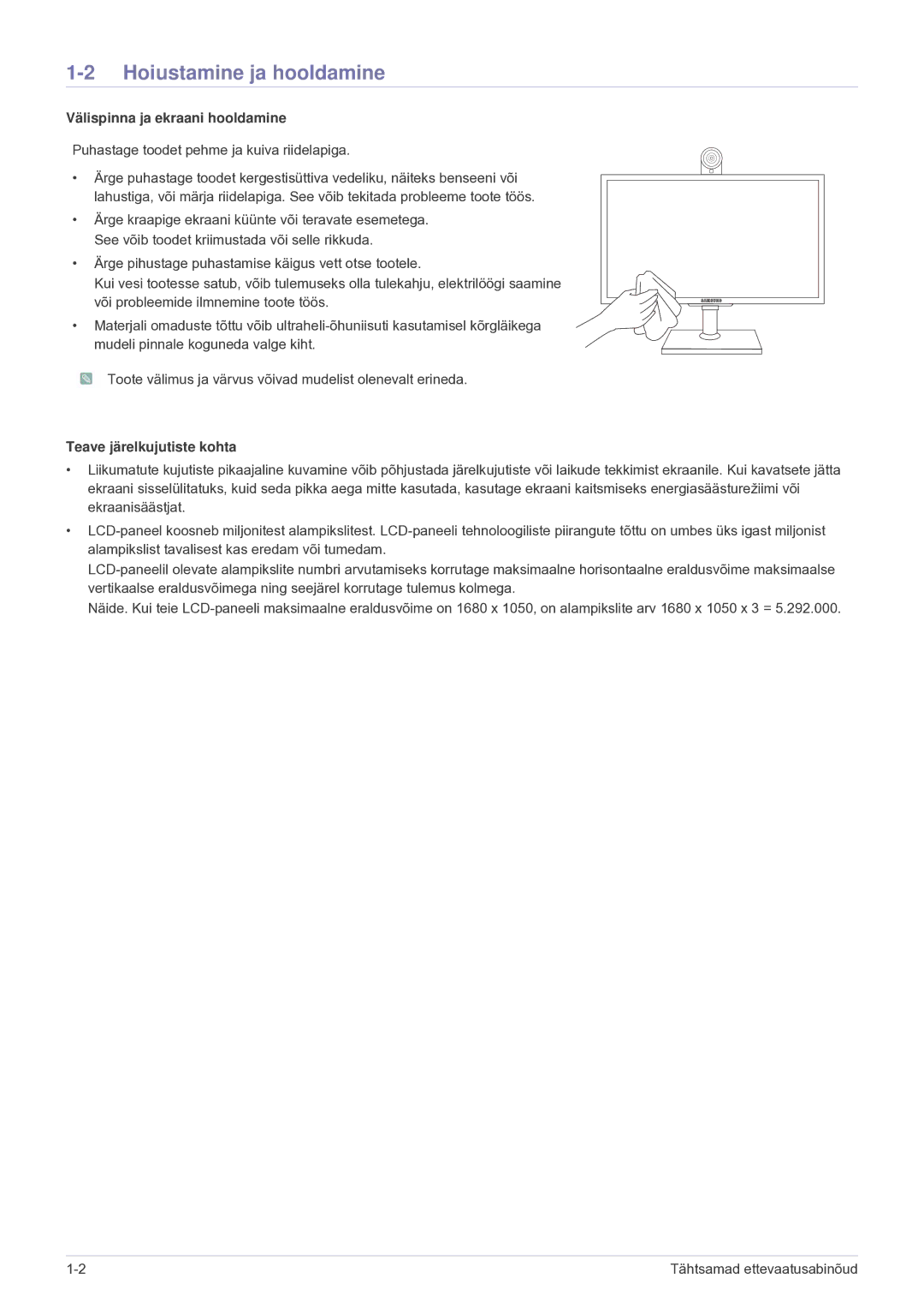 Samsung LF24VPNLB/EN manual Hoiustamine ja hooldamine, Välispinna ja ekraani hooldamine, Teave järelkujutiste kohta 