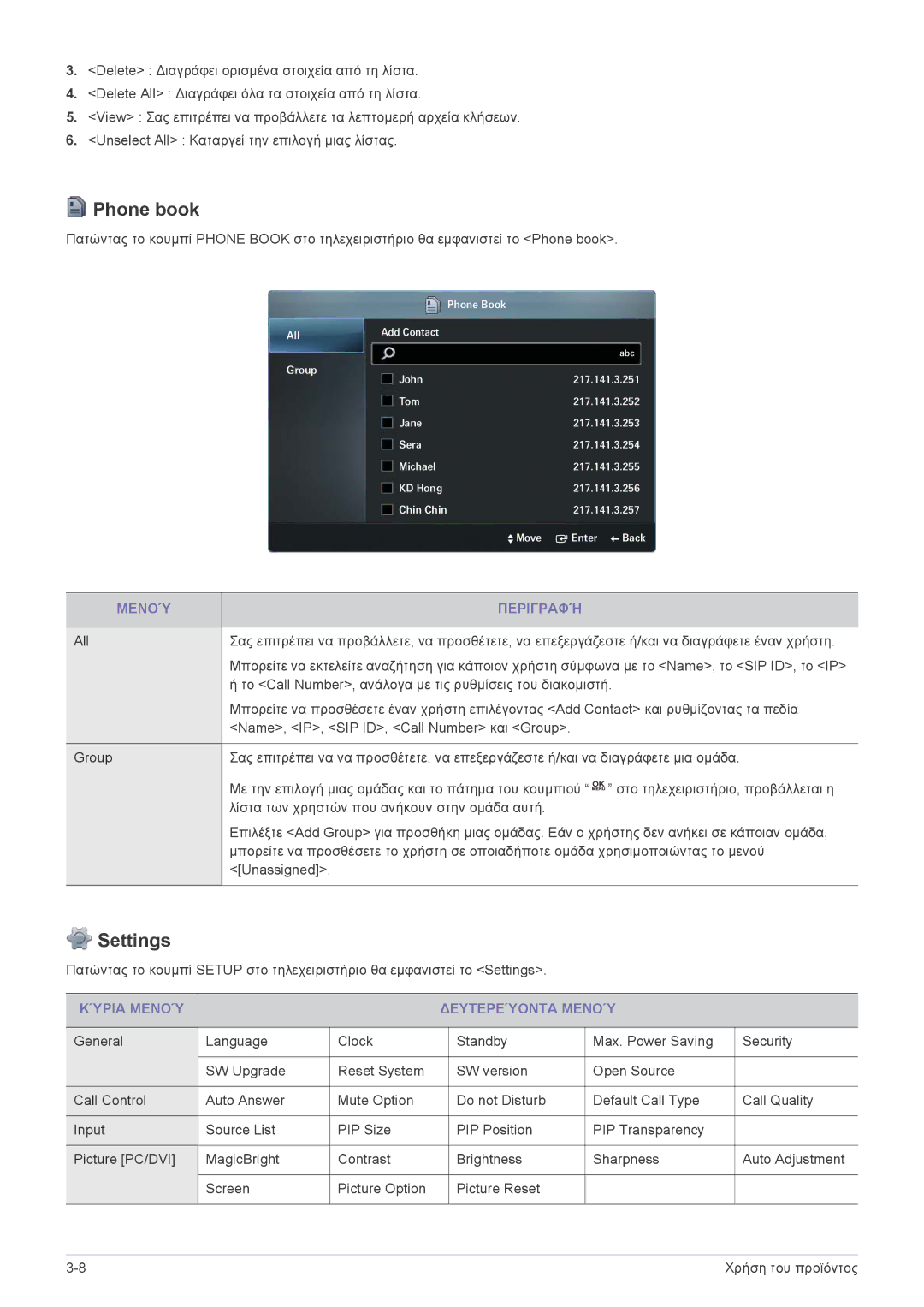 Samsung LF24VPNLB/EN manual Phone book, Settings, Μενού Περιγραφή, Κύρια Μενού Δευτερεύοντα Μενού 