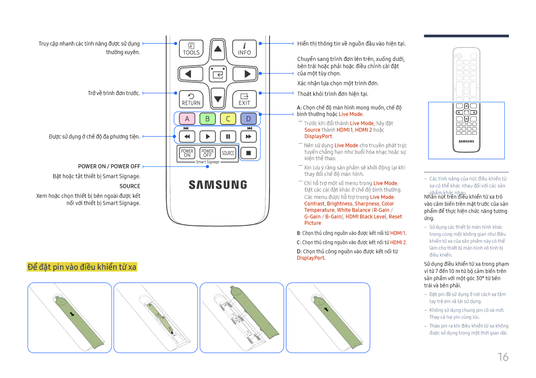 Samsung LH015IFHSAS/XV, LH015IFHTAS/XV manual Để đặt pin và̀o điề̀u khiển từ xa, Bậ̣t hoặ̣c tắ́t thiế́t bị Smart Signage 