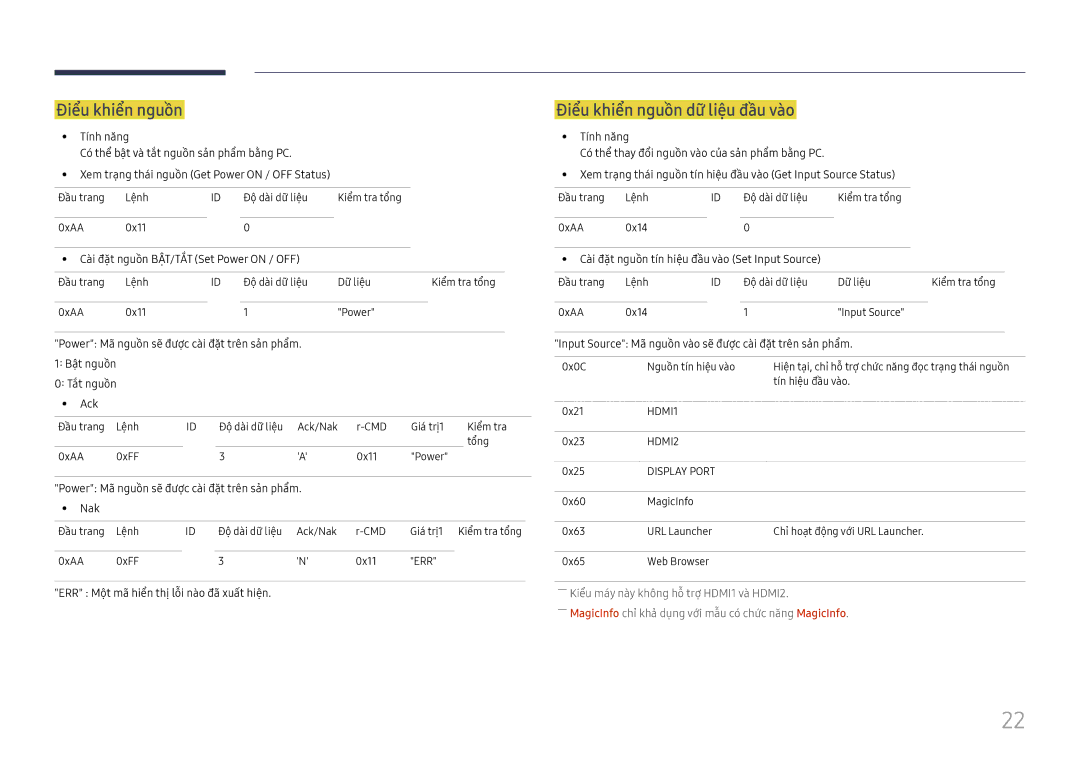 Samsung LH015IFHSAS/XV, LH015IFHTAS/XV, SBB-SNOWH3U/XV manual Điểu khiển nguồ̀n dữ̃ liệu đầu và̀o 