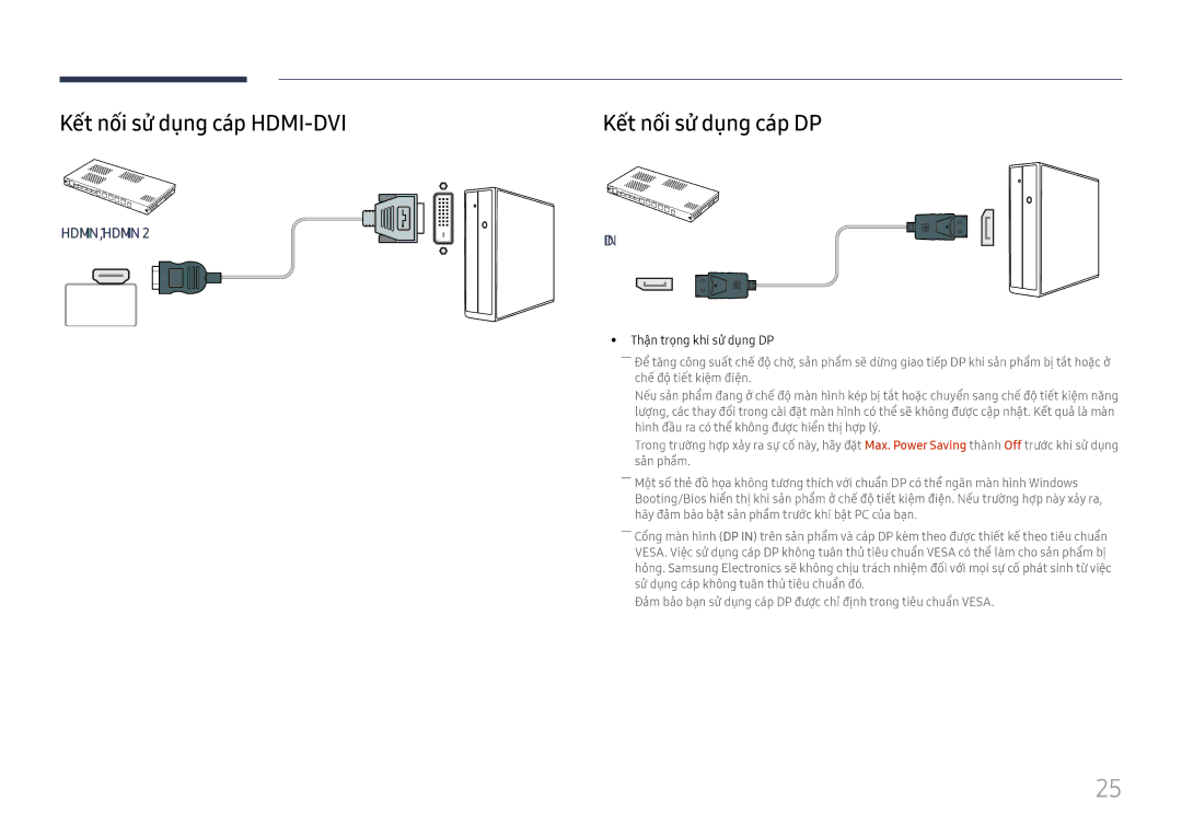 Samsung LH015IFHSAS/XV, LH015IFHTAS/XV Kết nối sử dụng cáp HDMI-DVI, Kết nối sử dụng cáp DP, Thận trọng khi sử dụng DP 