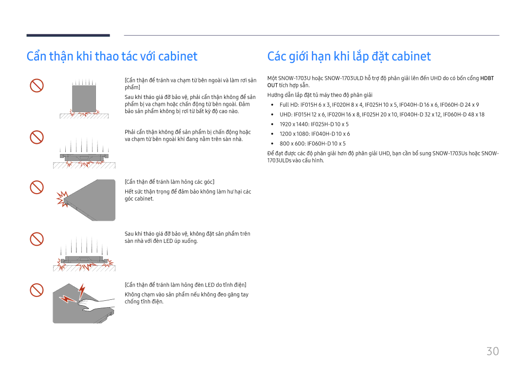 Samsung LH015IFHTAS/XV, LH015IFHSAS/XV, SBB-SNOWH3U/XV Cẩn thận khi thao tác với cabinet, Các giới hạn khi lắp đặt cabinet 
