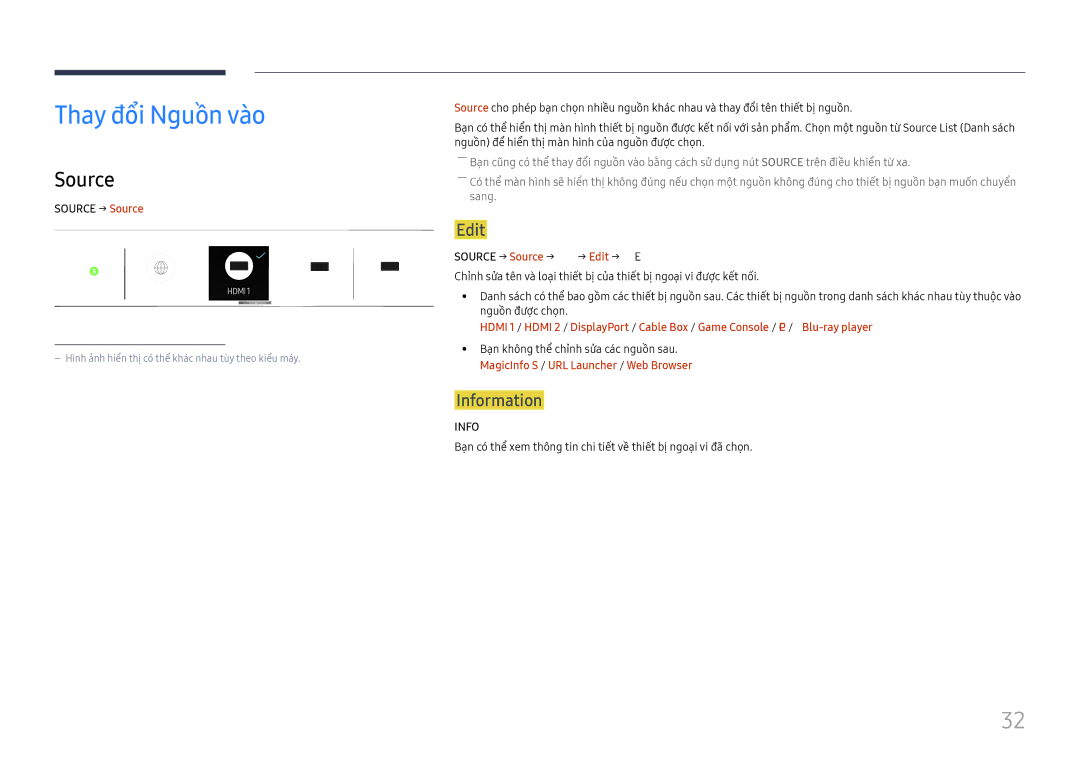 Samsung SBB-SNOWH3U/XV, LH015IFHTAS/XV, LH015IFHSAS/XV manual Thay đôi Nguồn vào, Source, Edit, Information 