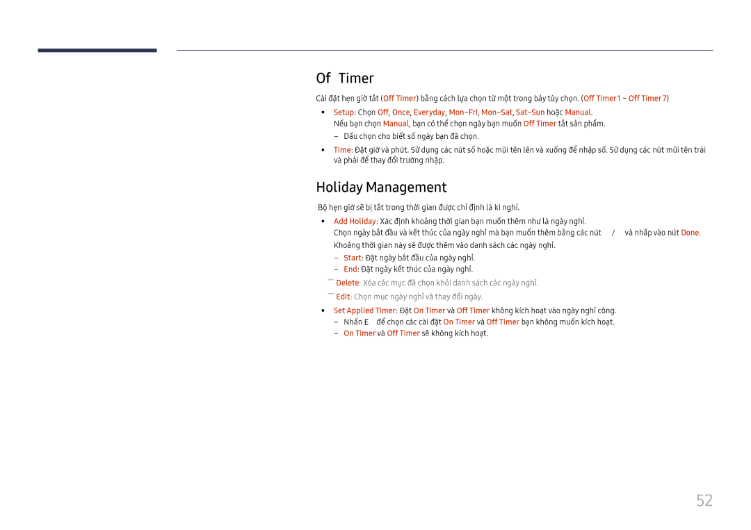 Samsung LH015IFHSAS/XV, LH015IFHTAS/XV, SBB-SNOWH3U/XV manual Off Timer, Holiday Management 