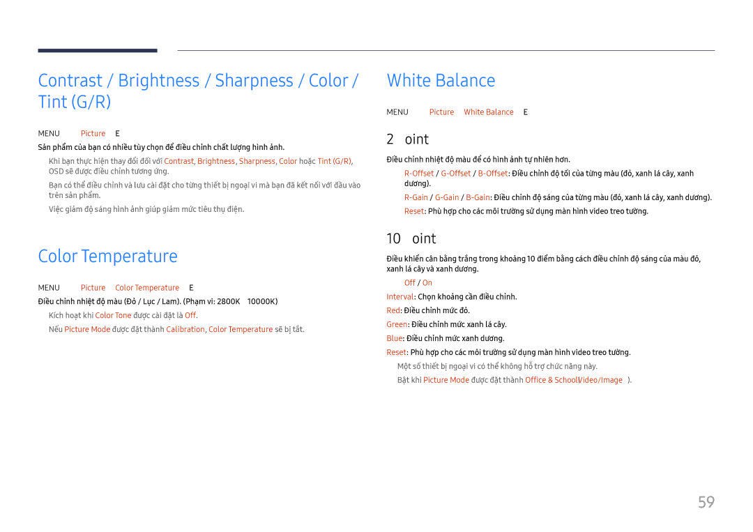 Samsung SBB-SNOWH3U/XV manual Contrast / Brightness / Sharpness / Color / Tint G/R, Color Temperature, White Balance, Point 