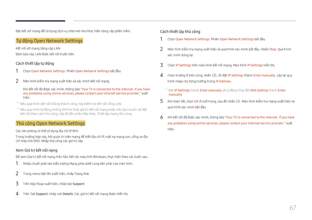 Samsung LH015IFHSAS/XV manual Tự động Open Network Settings, Thu công Open Network Settings, Cach thiêt lâp tự động 