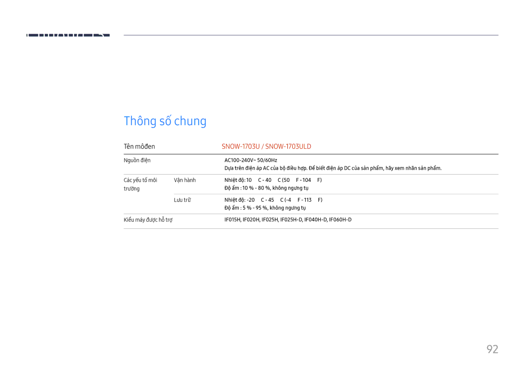 Samsung SBB-SNOWH3U/XV, LH015IFHTAS/XV, LH015IFHSAS/XV manual Cac thông số kỹ̃ thuật, Thông sô chung, Tên môđen 