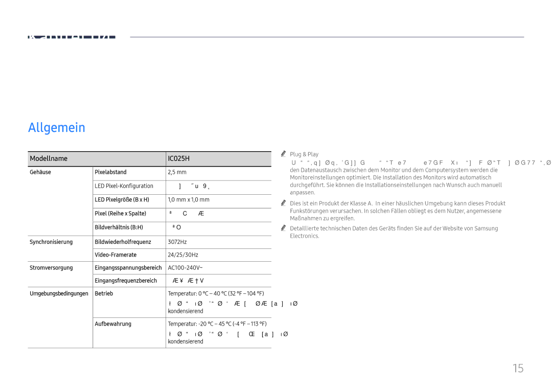 Samsung LH025ICHHES/EN, LH025ICHHAS/EN manual Technische Daten, Allgemein 