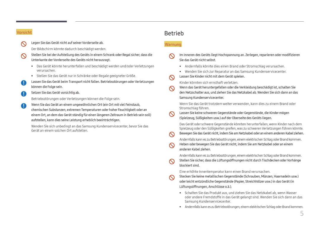 Samsung LH025ICHHES/EN, LH025ICHHAS/EN manual Betriebsstörungen oder Verletzungen können die Folge sein 