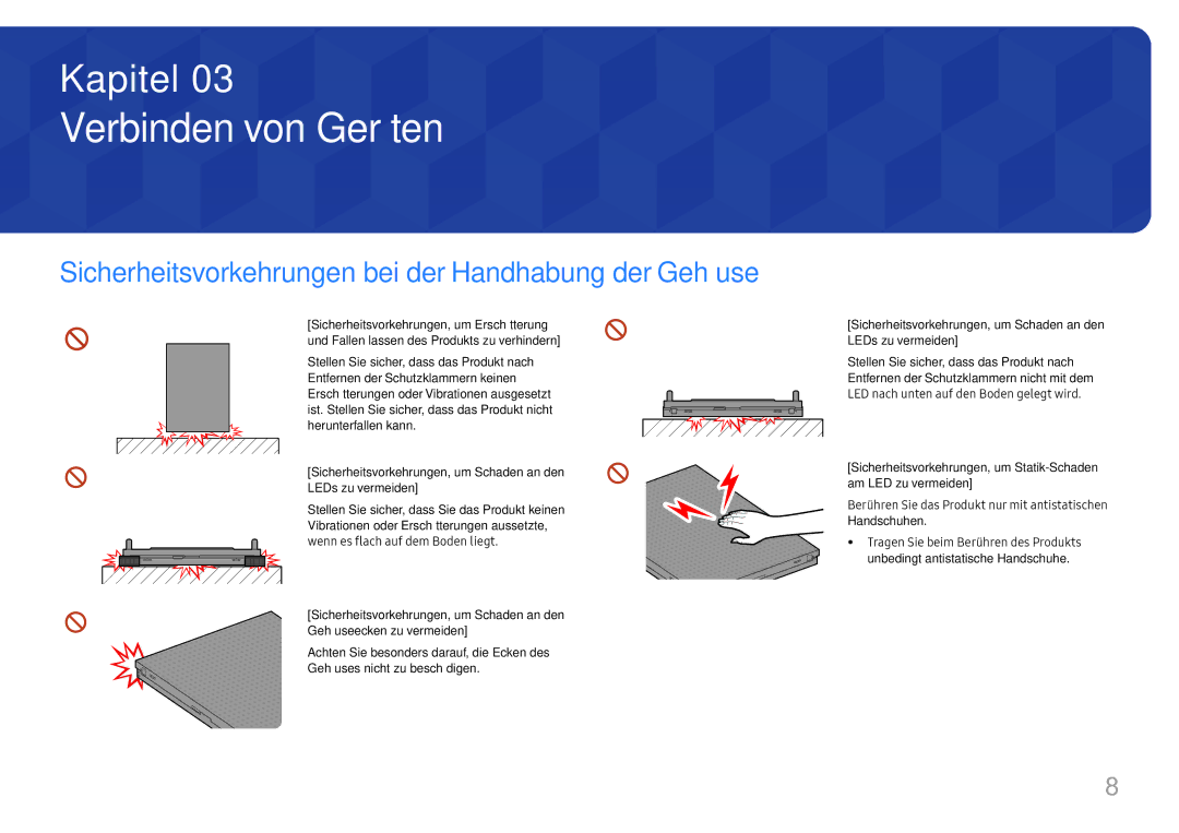 Samsung LH025ICHHAS/EN, LH025ICHHES/EN manual Verbinden von Geräten, Sicherheitsvorkehrungen bei der Handhabung der Gehäuse 