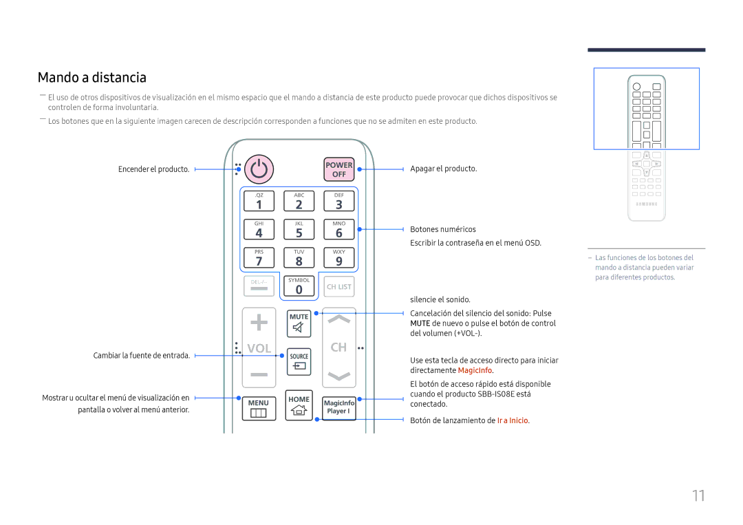 Samsung LH015ISFSAS/EN, LH025ILENAS/EN, SBB-IS08EL1/EN Mando a distancia, Encender el producto Cambiar la fuente de entrada 