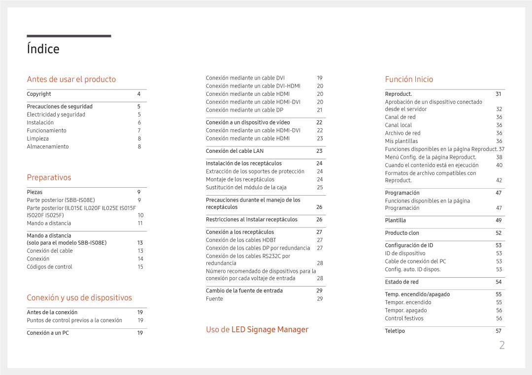 Samsung LH015ISFSAS/EN, LH025ILENAS/EN, SBB-IS08EL1/EN manual Índice 