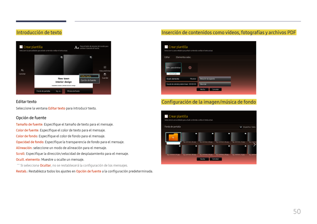 Samsung LH015ISFSAS/EN, LH025ILENAS/EN, SBB-IS08EL1/EN Introducción de texto, Configuración de la imagen/música de fondo 