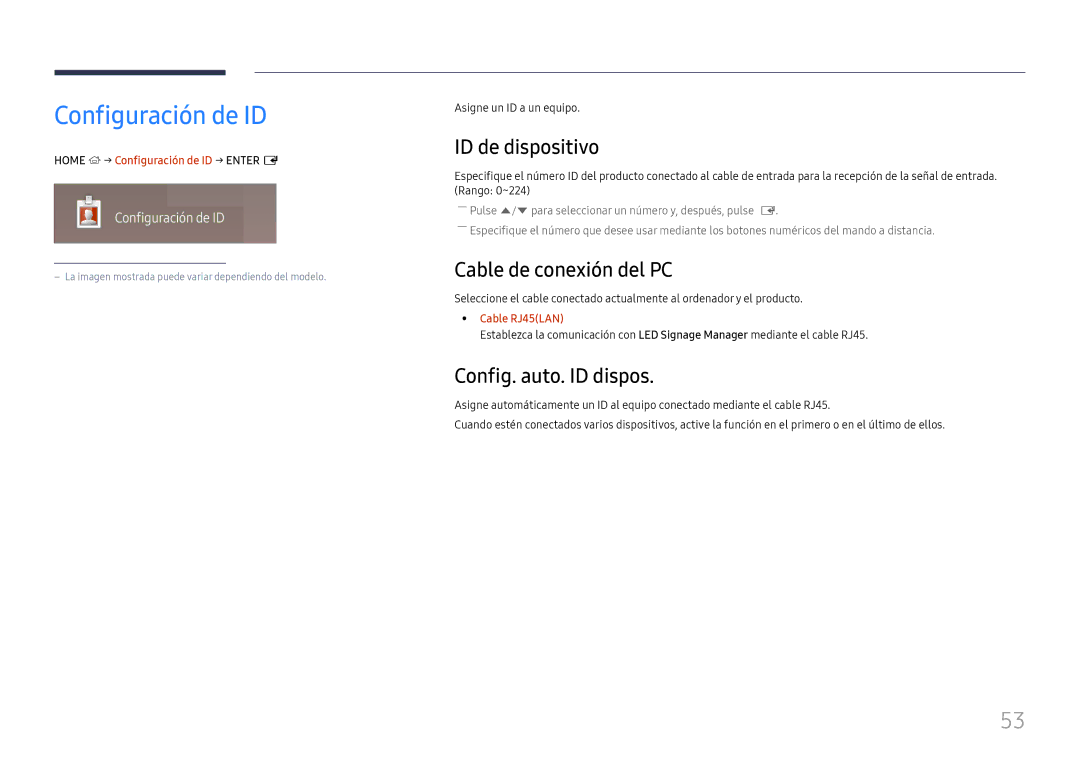 Samsung LH015ISFSAS/EN manual Configuración de ID, ID de dispositivo, Cable de conexión del PC, Config. auto. ID dispos 