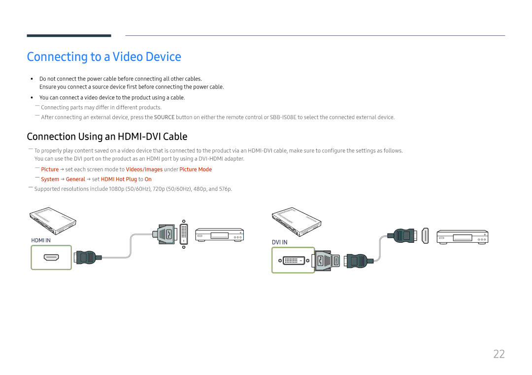 Samsung SBB-IS08EL1/EN, LH025ILENAS/EN, LH015ISFSAS/EN manual Connecting to a Video Device 