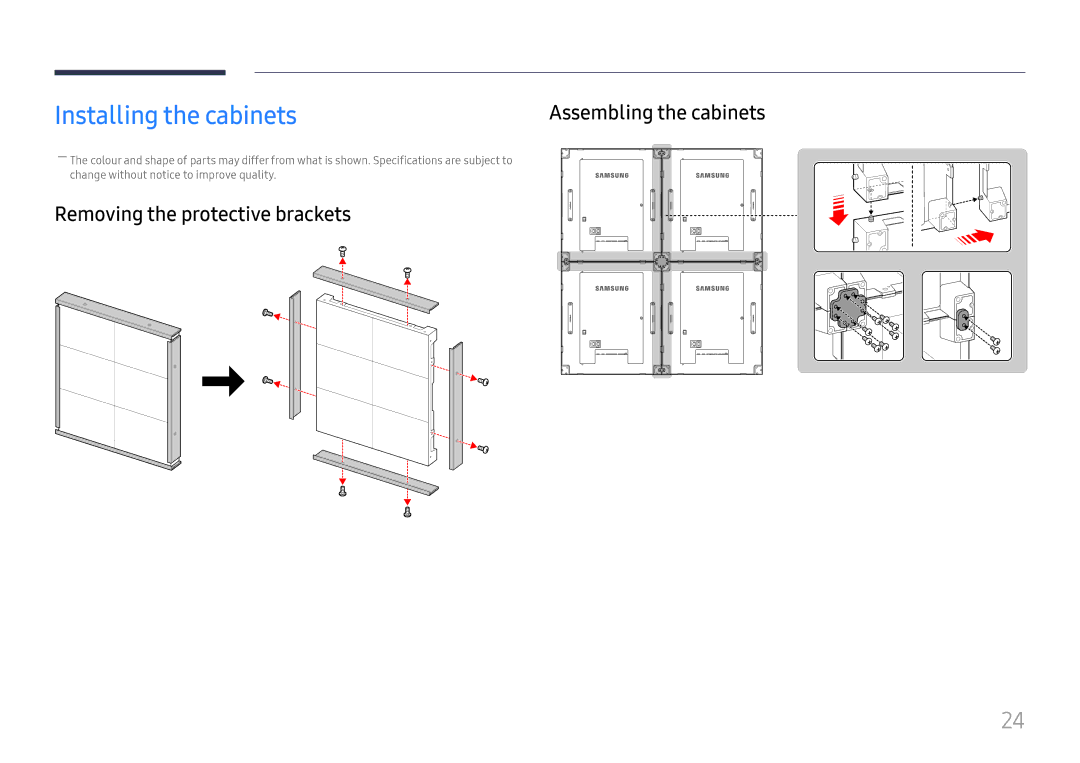 Samsung LH025ILENAS/EN, SBB-IS08EL1/EN, LH015ISFSAS/EN manual Installing the cabinets, Removing the protective brackets 