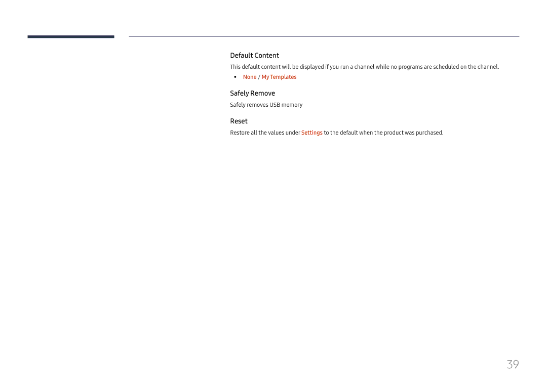 Samsung LH025ISFNAS/ZA manual Default Content, Safely Remove, Reset, None / My Templates 