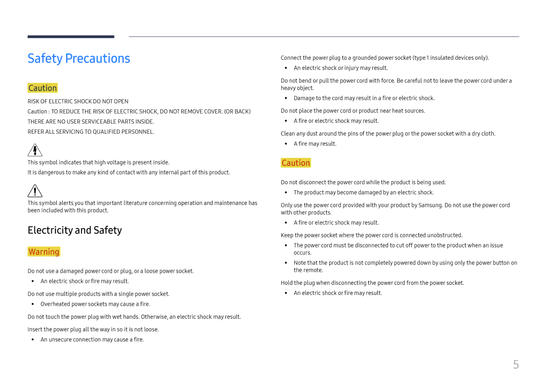 Samsung LH025ISFNAS/ZA manual Safety Precautions, Electricity and Safety 